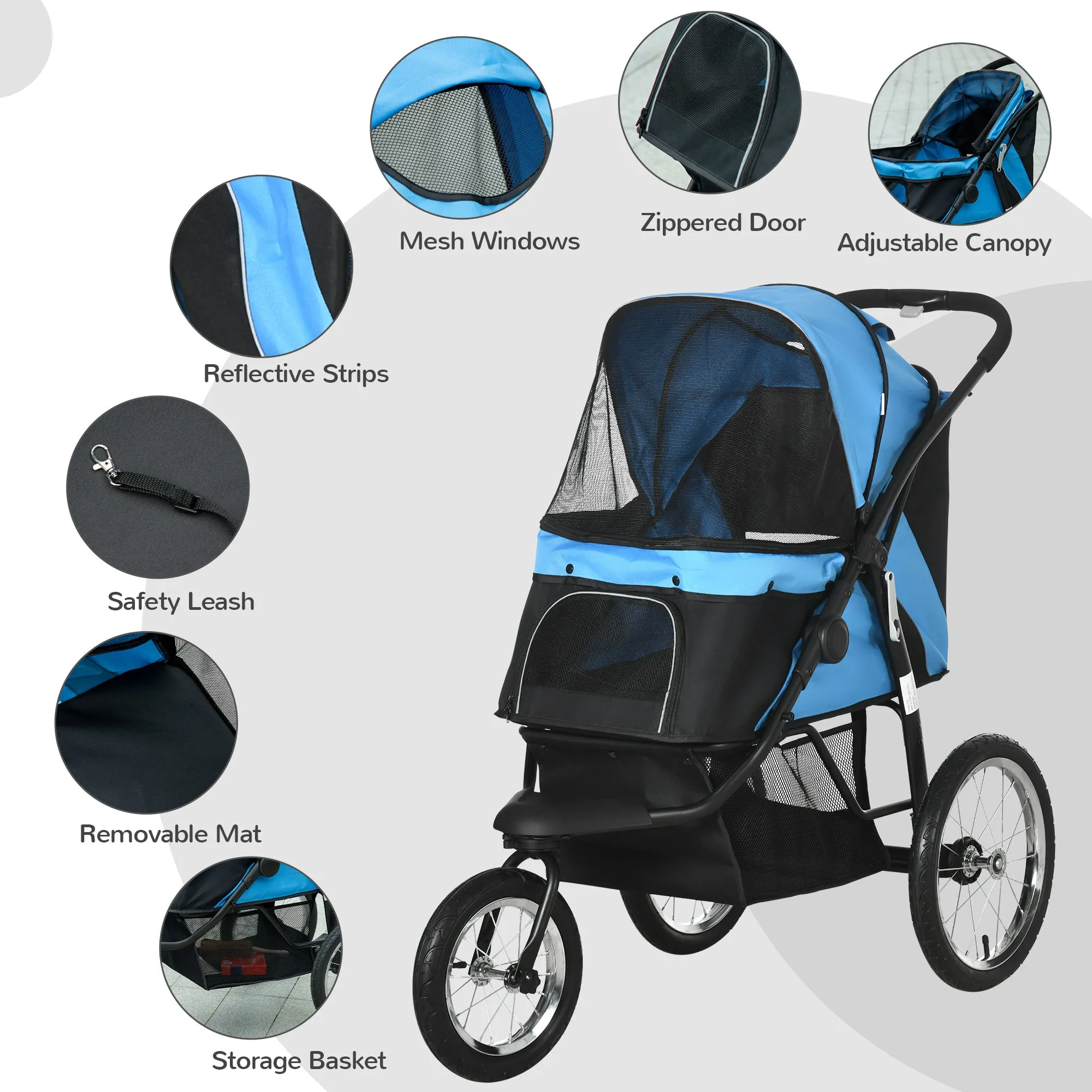 Pet Stroller Dog Pram Foldable Dog Pushchair Cat Travel Carriage w/ Adjustable Canopy, Wheels, for Medium Small Pets, Blue