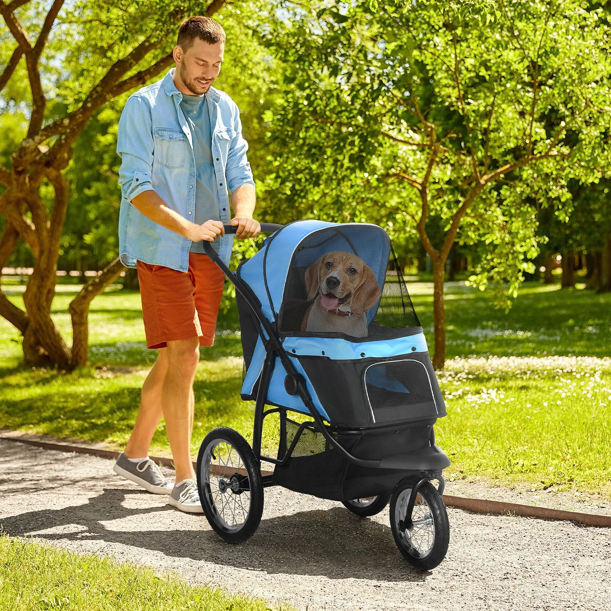 Pet Stroller Dog Pram Foldable Dog Pushchair Cat Travel Carriage w/ Adjustable Canopy, Wheels, for Medium Small Pets, Blue