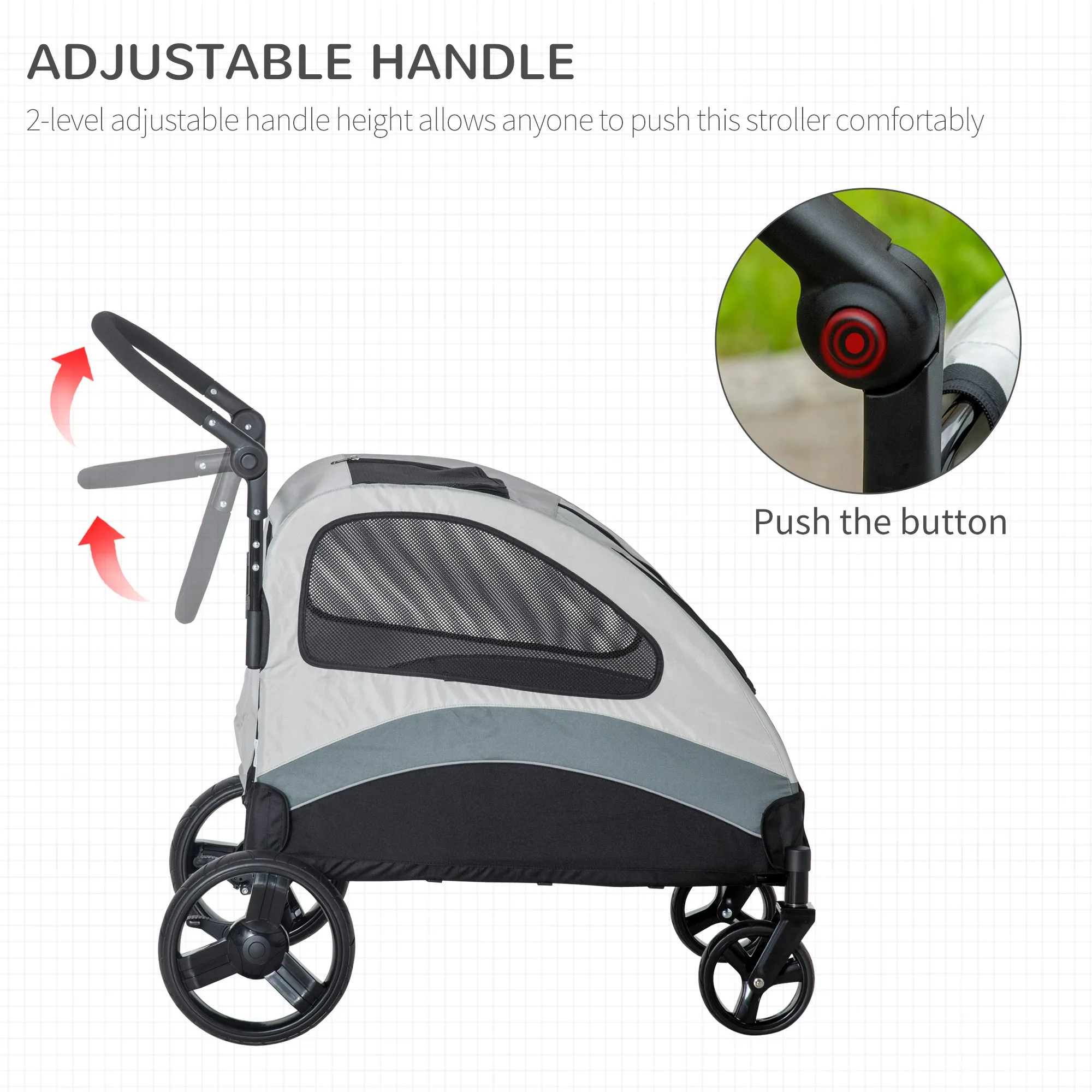 Pet Stroller for Medium Dogs Cat Pushchair Buggy Pram with 4 Wheels Safety Leash Zipper Doors Mesh Windows Storage Bag - Grey