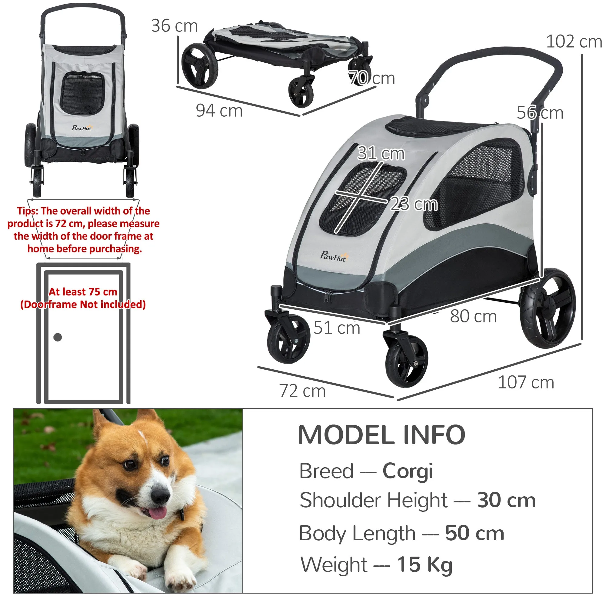 Pet Stroller for Medium Dogs Cat Pushchair Buggy Pram with 4 Wheels Safety Leash Zipper Doors Mesh Windows Storage Bag - Grey