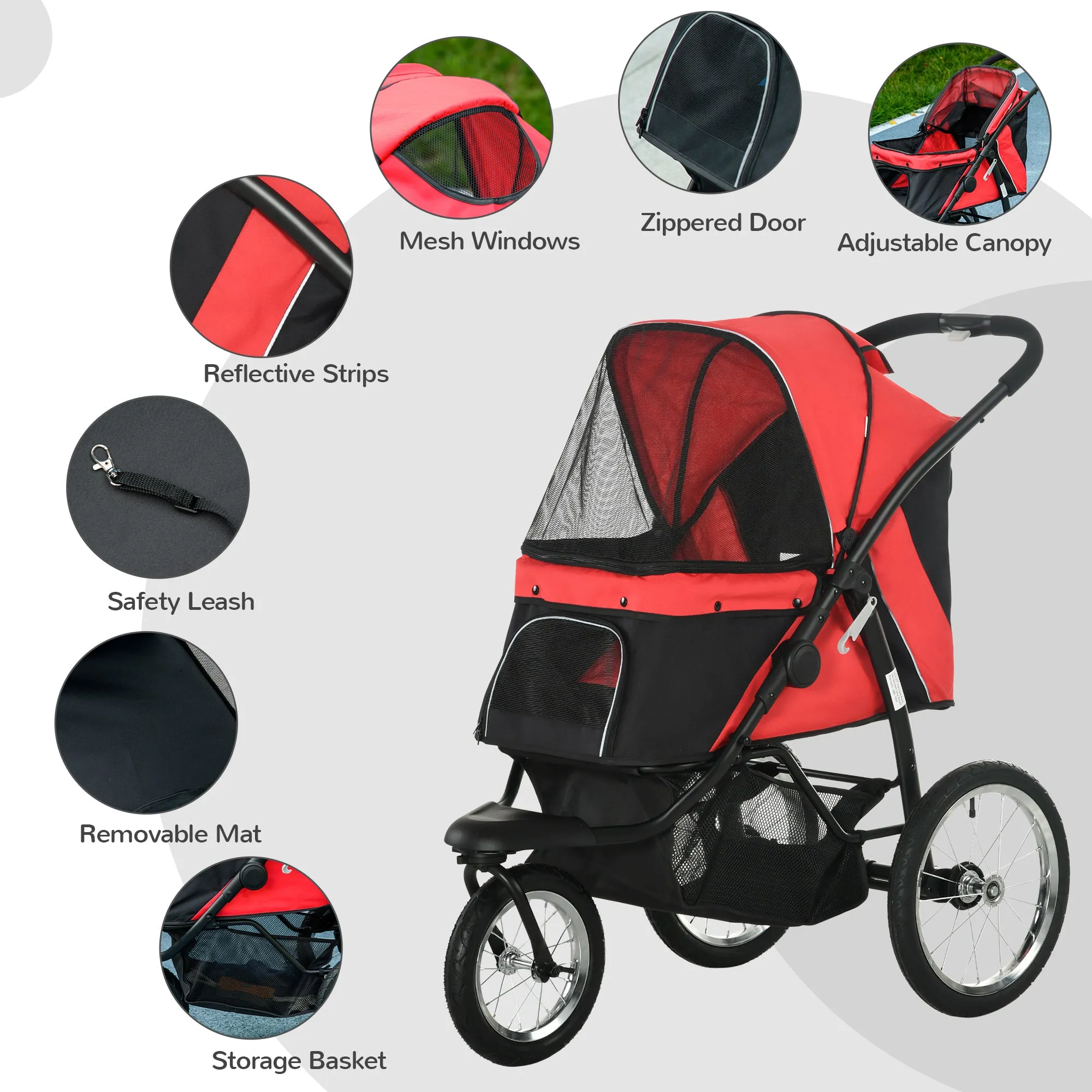 Pet Stroller Jogger for Medium, Small Dogs, Foldable Cat Pram Dog Pushchair w/ Adjustable Canopy, 3 Big Wheels - Red