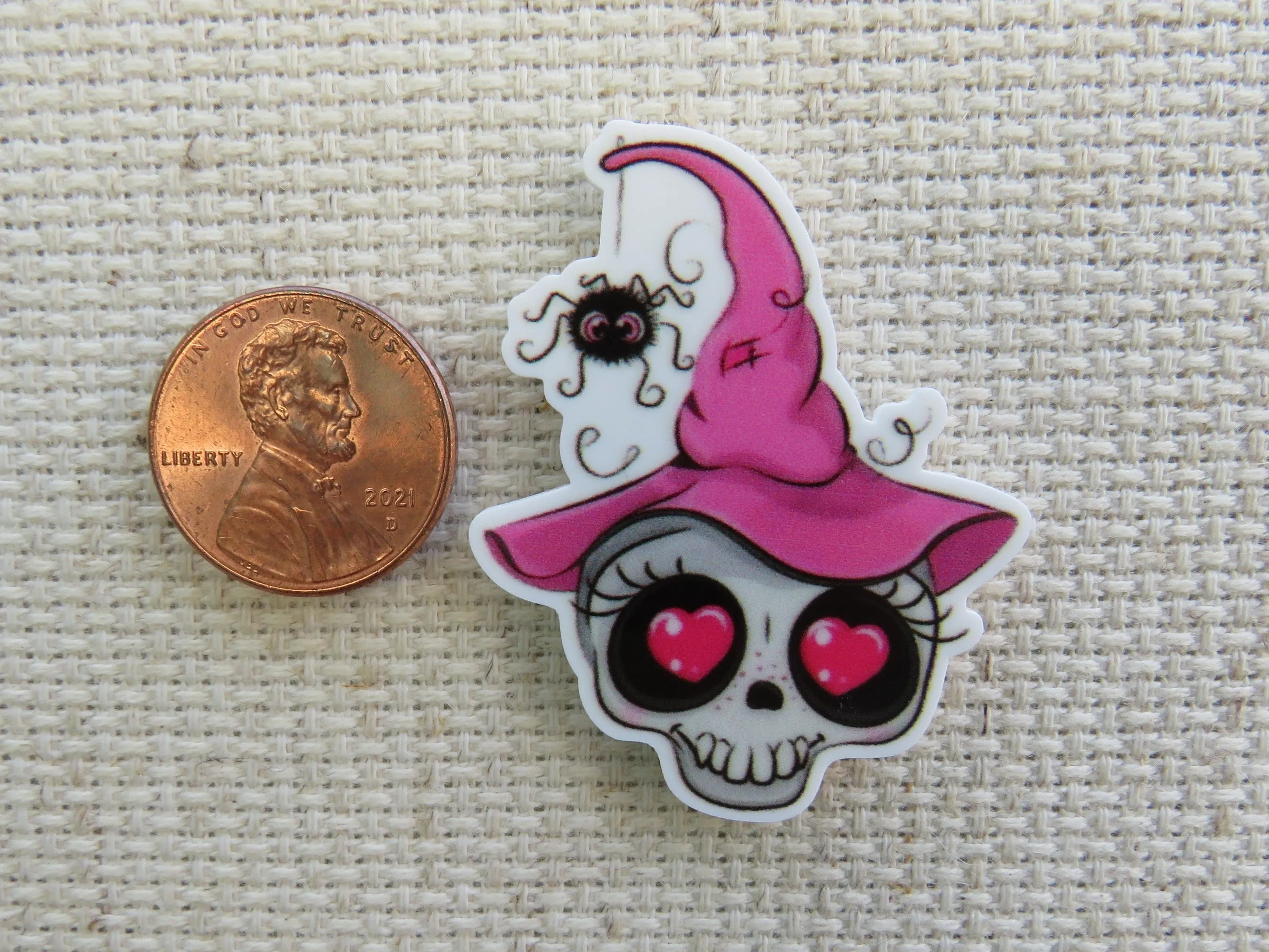 Pretty in Pink Skull with Heart Eyes and a Witches Hat Needle Minder, Cover Minder, Magnet