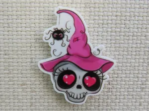 Pretty in Pink Skull with Heart Eyes and a Witches Hat Needle Minder, Cover Minder, Magnet