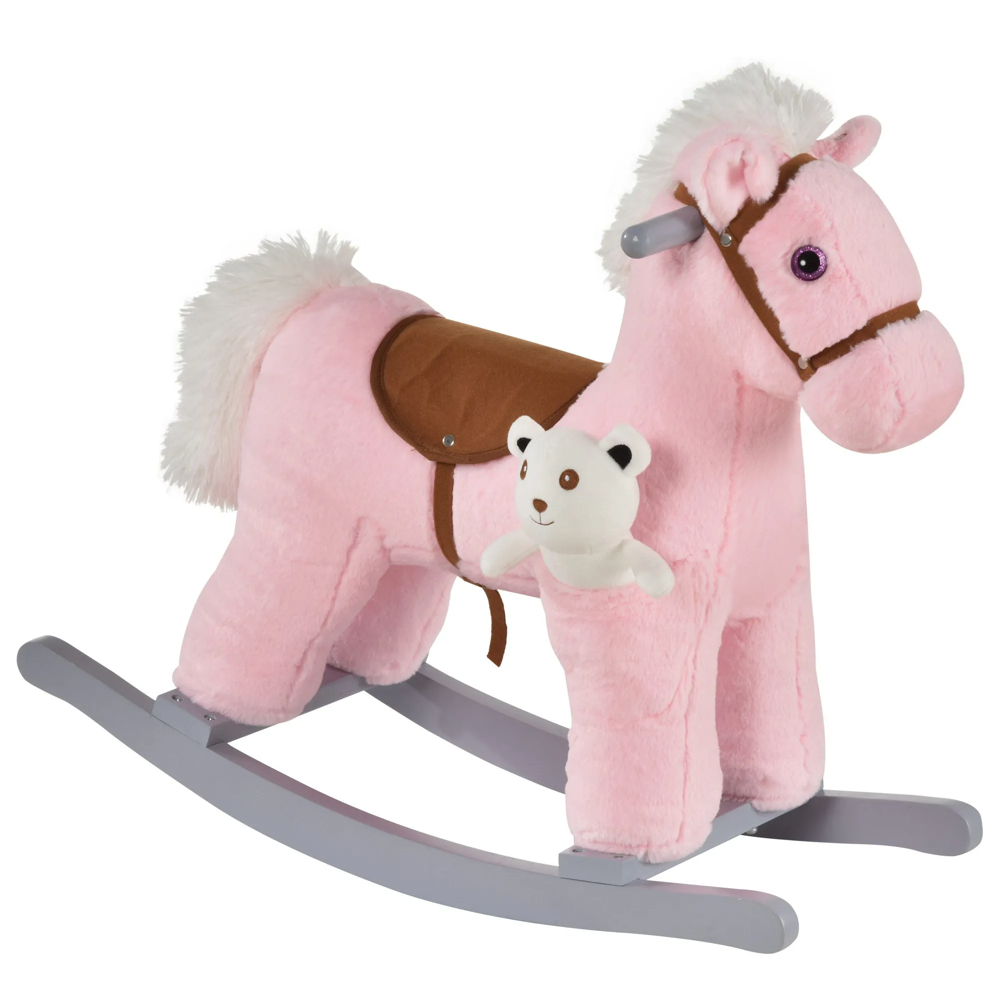 Qaba Kids Plush Ride-On Rocking Horse with Bear Toy, Children Chair with Soft Plush Toy & Fun Realistic Sounds, Pink