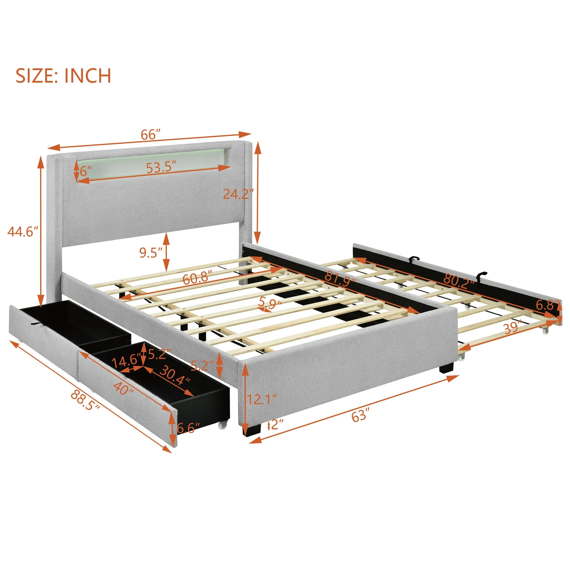 Queen Size Upholstered Platform Bed with LED Frame, with Twin  XL Size Trundle and 2 drawers, Teddy Fleece, Gray