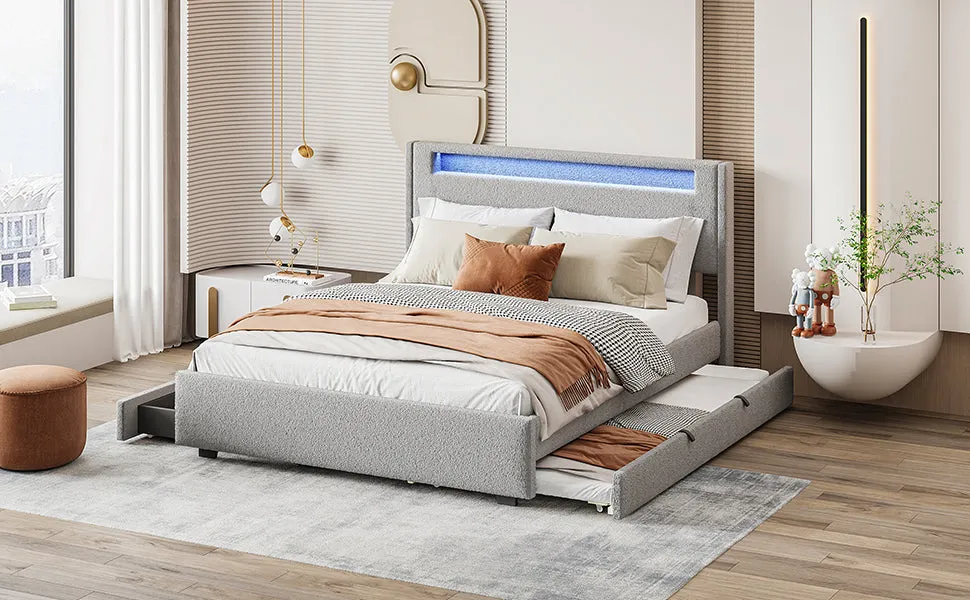 Queen Size Upholstered Platform Bed with LED Frame, with Twin  XL Size Trundle and 2 drawers, Teddy Fleece, Gray