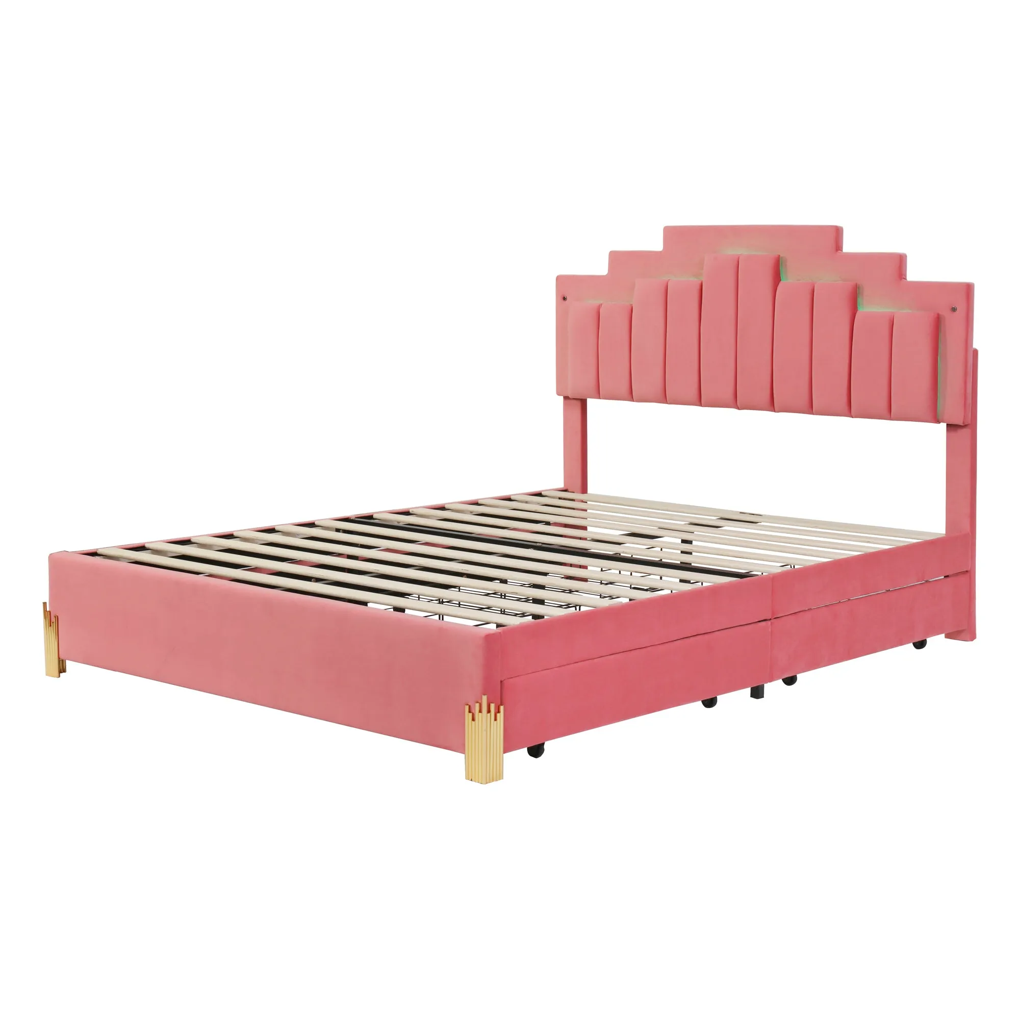 Queen Size Upholstered Platform Bed with LED Lights and 4 Drawers, Stylish Irregular Metal Bed Legs Design, Pink