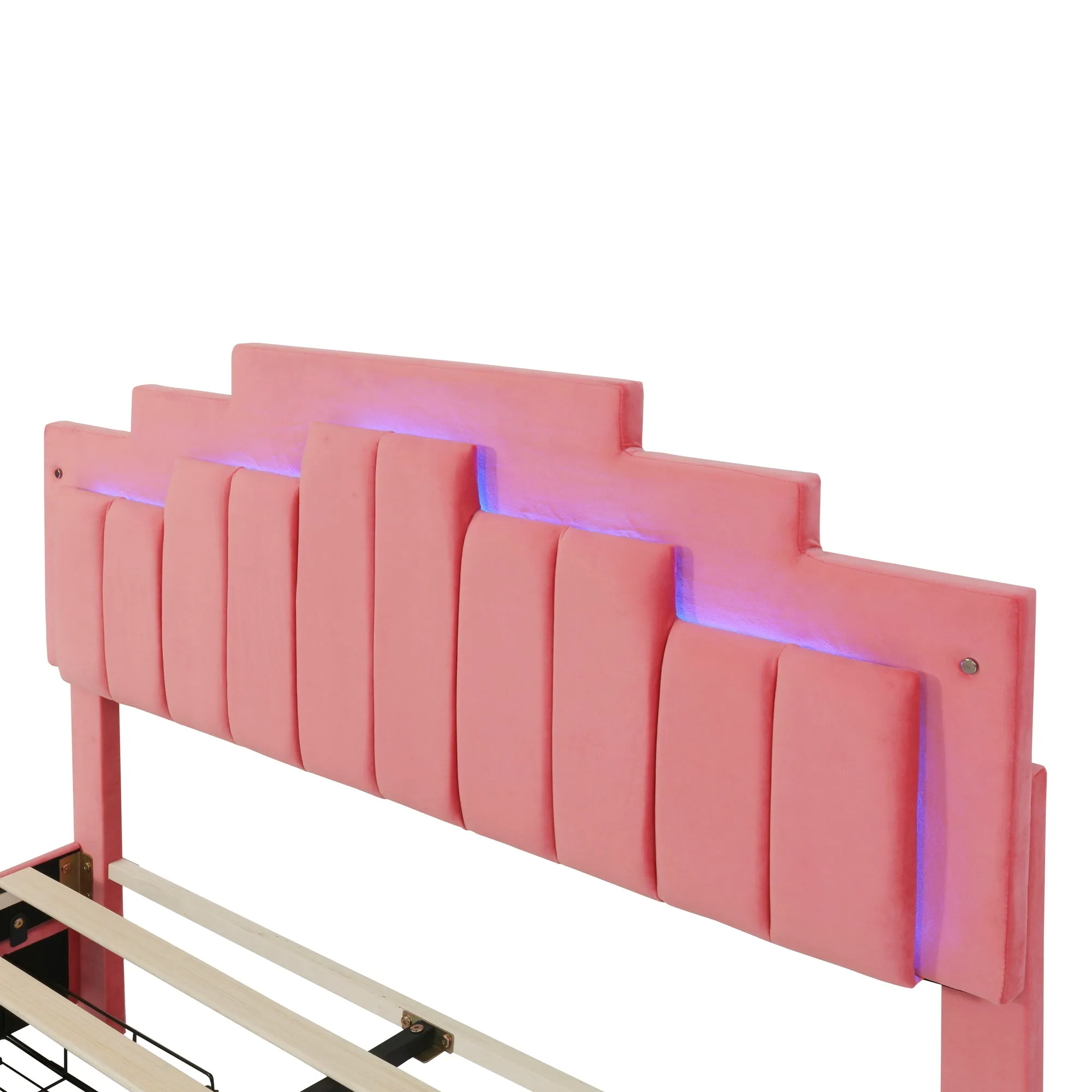 Queen Size Upholstered Platform Bed with LED Lights and 4 Drawers, Stylish Irregular Metal Bed Legs Design, Pink