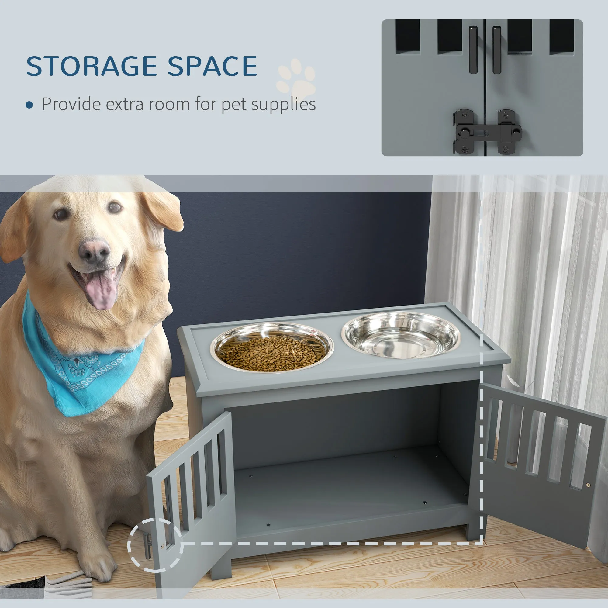 Raised Dog Bowls for Large Dogs, Pet Feeding Station, Doors with Latch, Storage Cabinet, Two Stainless Steel Bowls, Grey