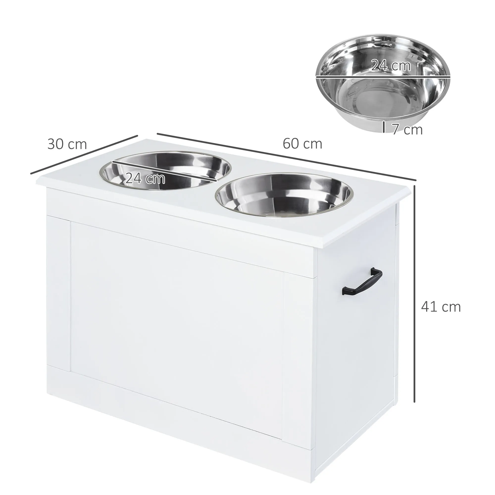 Raised Pet Feeding Storage Station with 2 Stainless Steel Bowls Base for Large Dogs and Other Large Pets, White