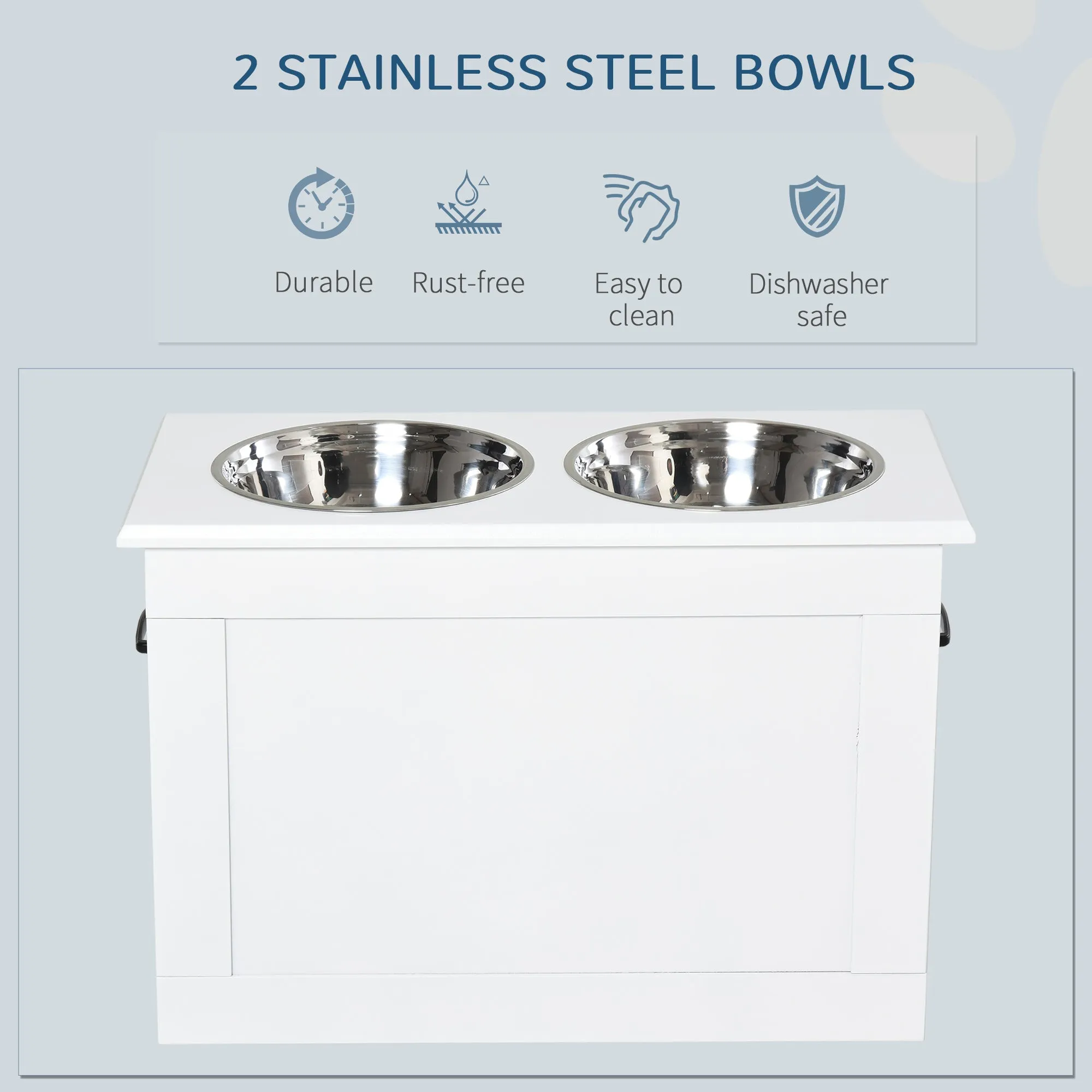 Raised Pet Feeding Storage Station with 2 Stainless Steel Bowls Base for Large Dogs and Other Large Pets, White