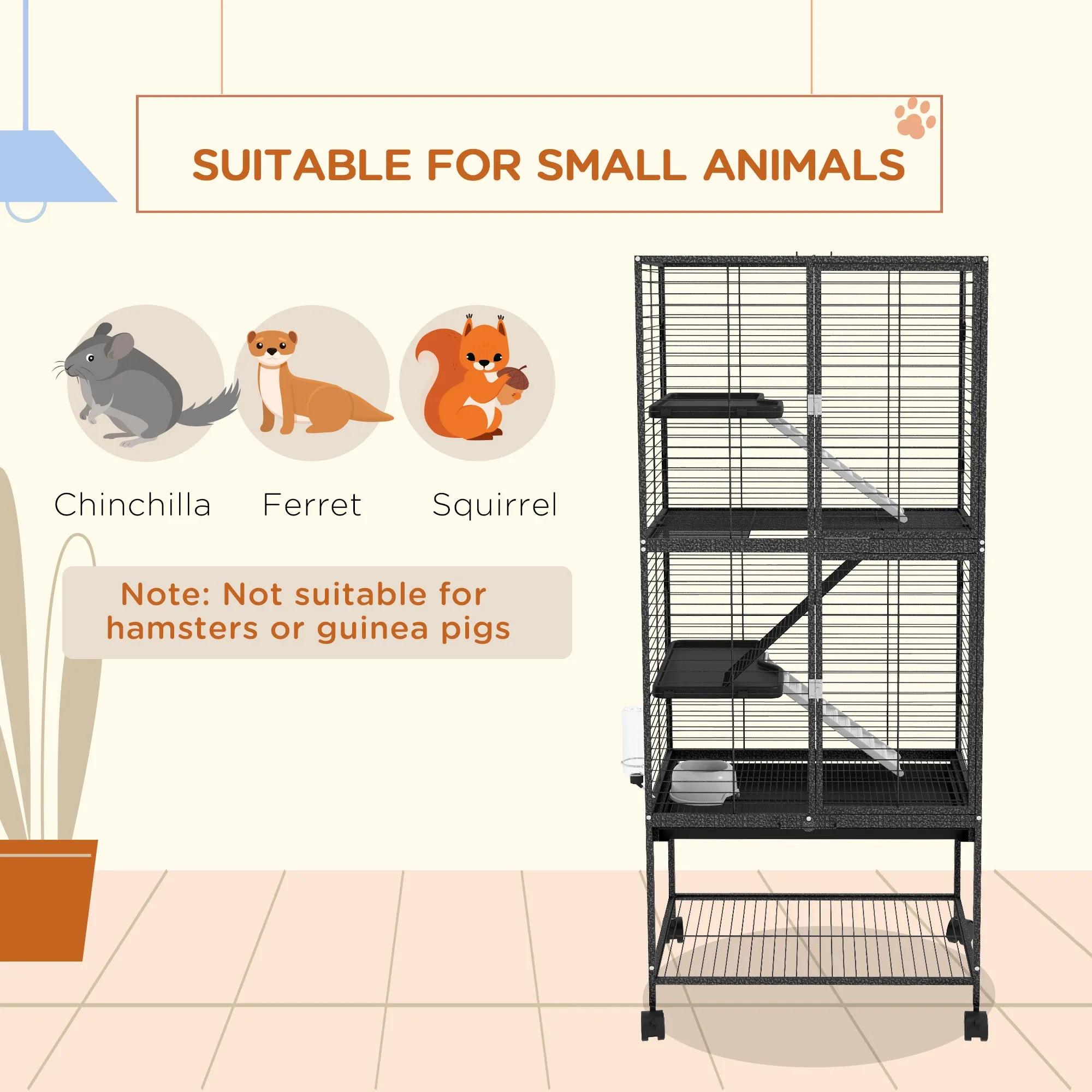 Rolling Chinchilla Cage, Small Animal Cage for Ferrets w/ Three Doors, Storage, Shelf, Tray Tray, Bowl, Water Bottle