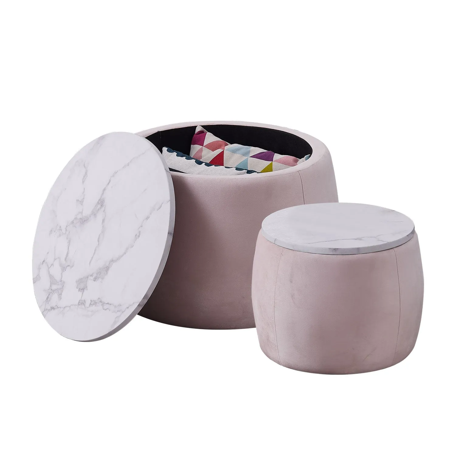 Set of 2 End Table with Storage, Round Accent Side Table with Removable Top for Living Room, Bedroom, Top φ650*450,φ480*390 pink