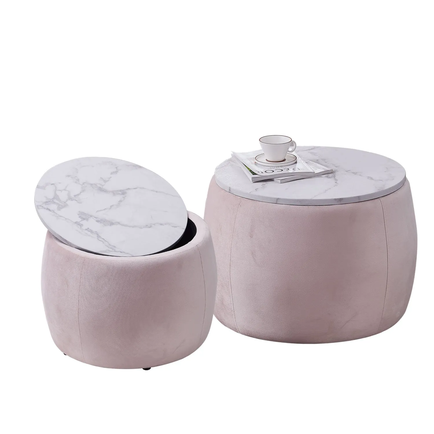 Set of 2 End Table with Storage, Round Accent Side Table with Removable Top for Living Room, Bedroom, Top φ650*450,φ480*390 pink