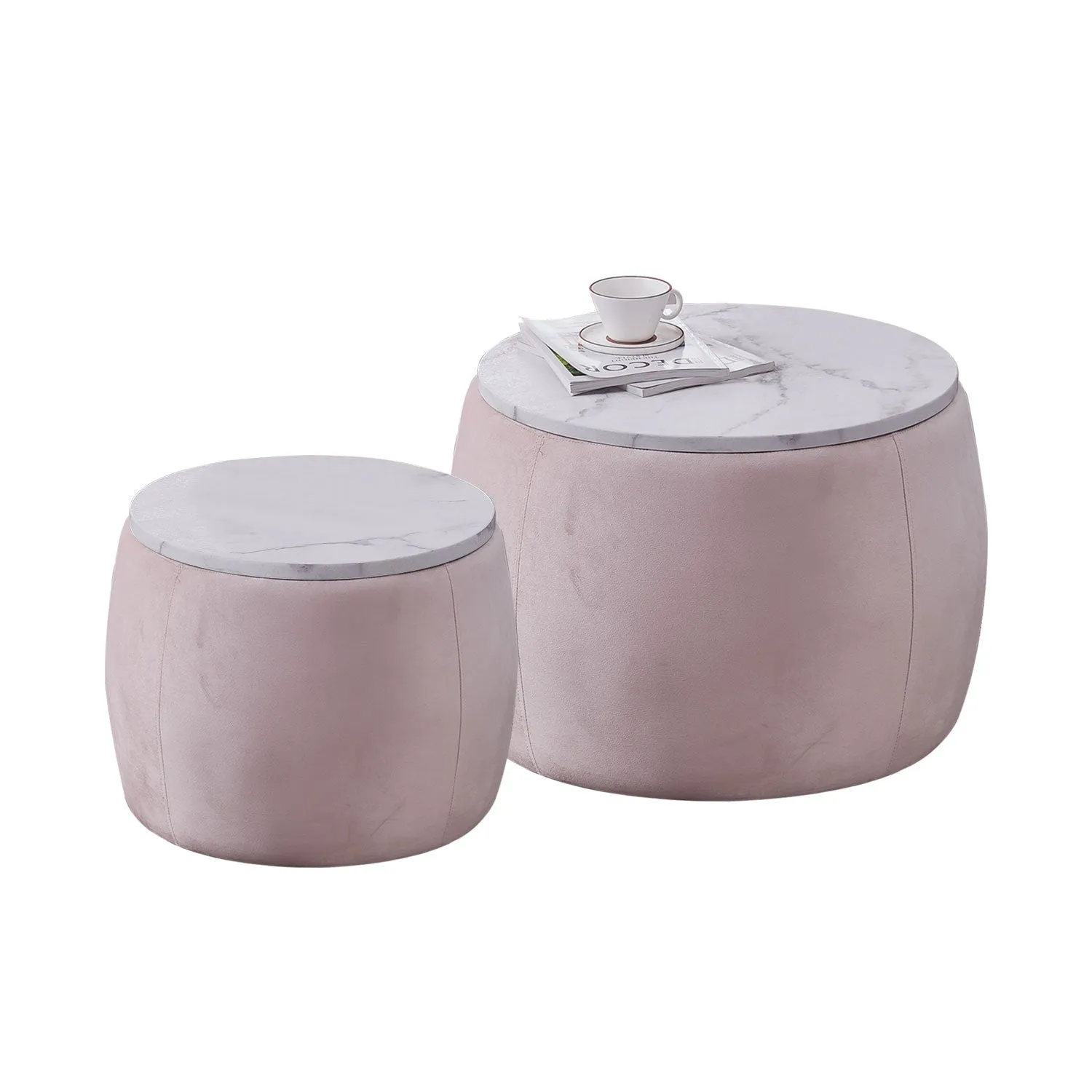 Set of 2 End Table with Storage, Round Accent Side Table with Removable Top for Living Room, Bedroom, Top φ650*450,φ480*390 pink