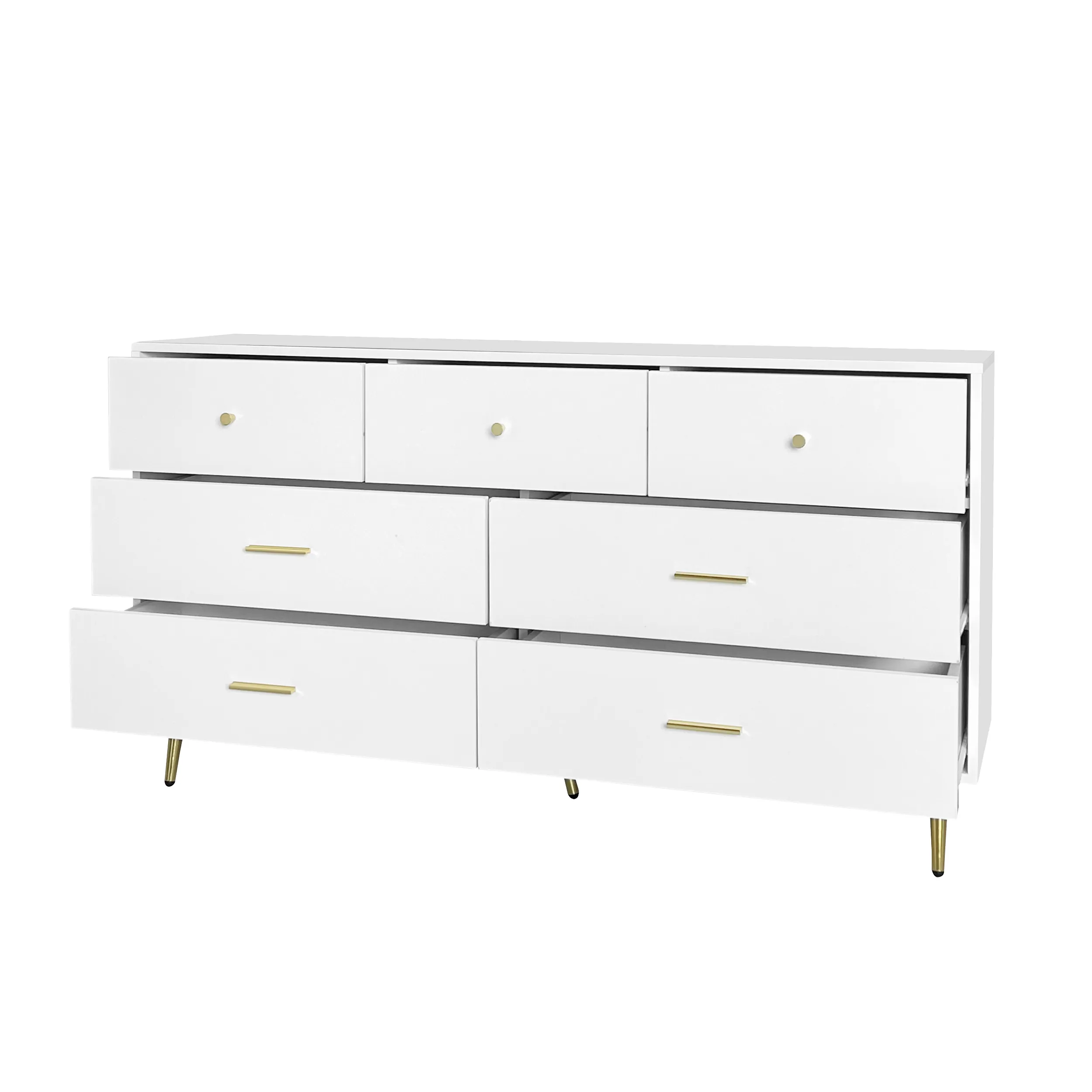 Seven Drawers Large Chest of Drawer Cabinet with Golden Handle and Golden Legs White Color