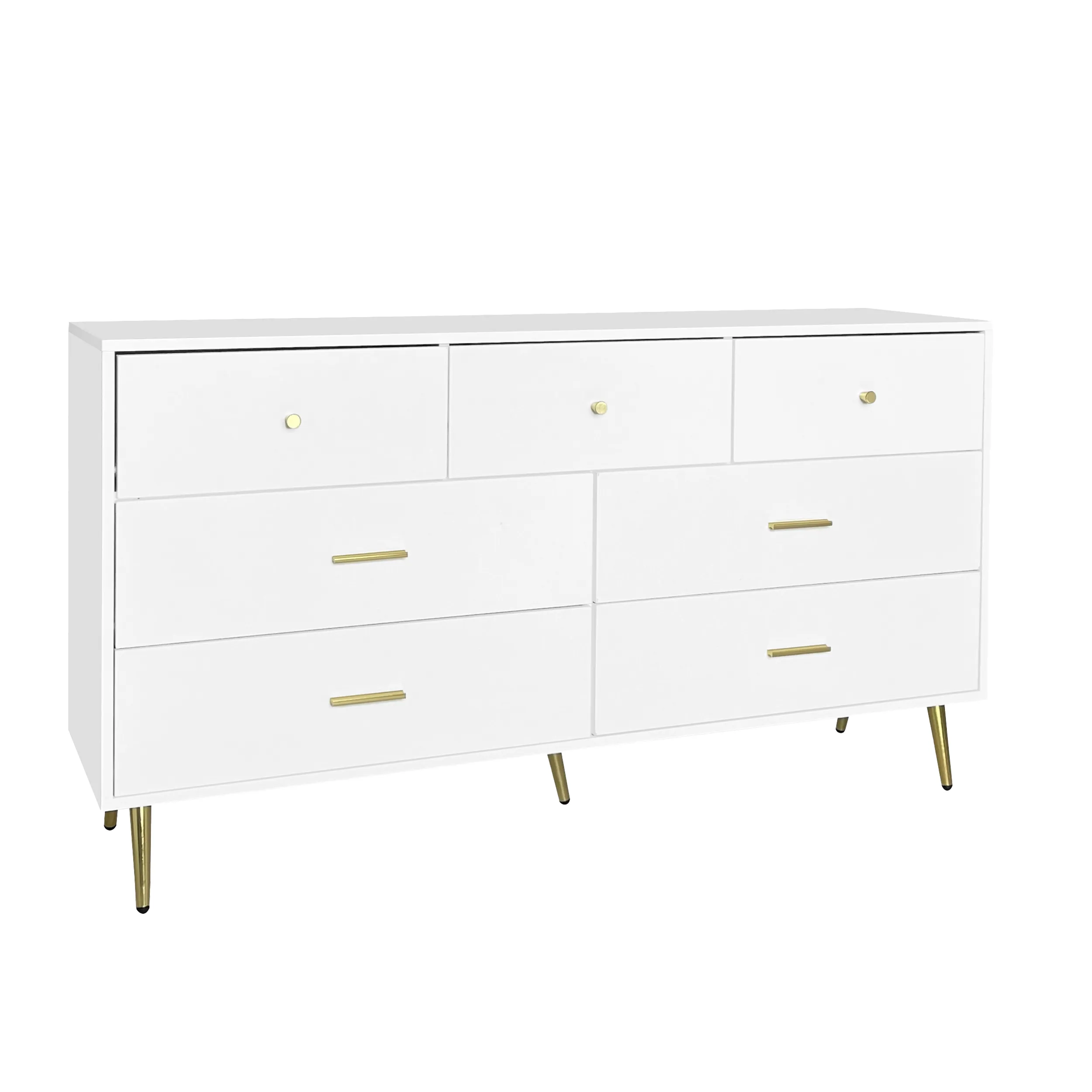 Seven Drawers Large Chest of Drawer Cabinet with Golden Handle and Golden Legs White Color