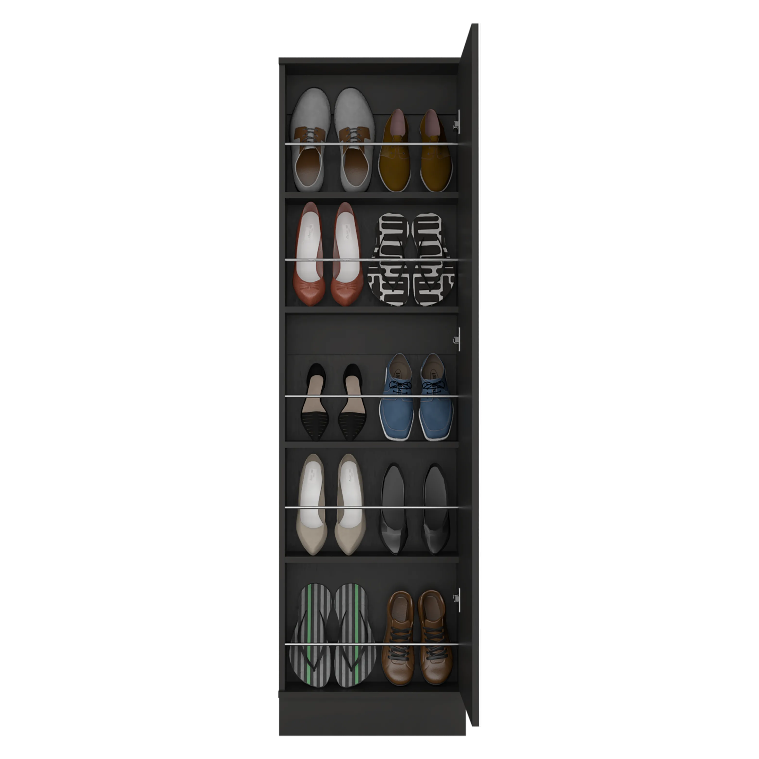 Shoe rack 67" H, five internal Storage Shelves, a mirror, a door, approximate capacity of 10 pairs of shoes, black