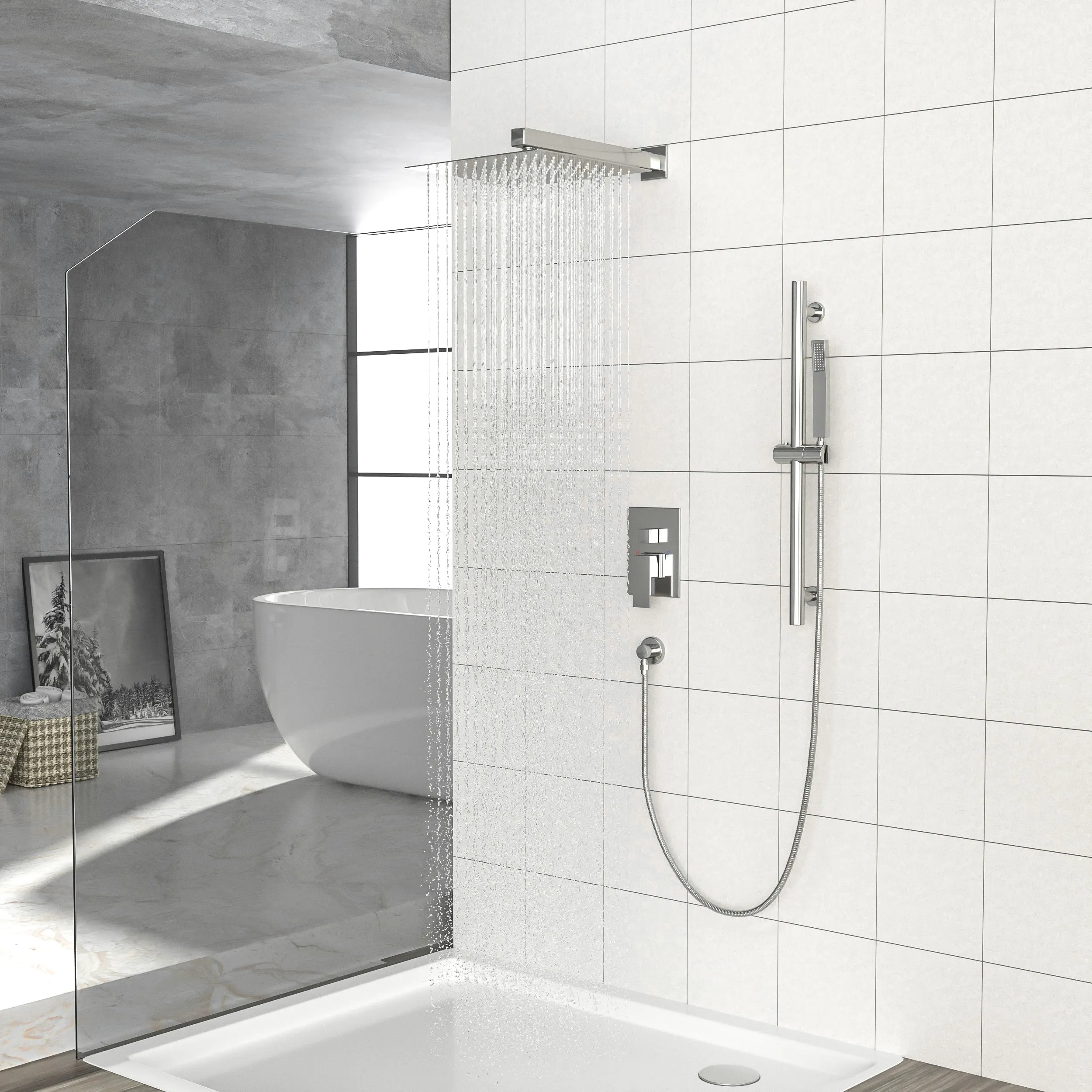 Shower System with Adjustable Slide Bar,10 Inch Wall Mounted Square Shower System with Rough-in Valve, Brushed Nickel