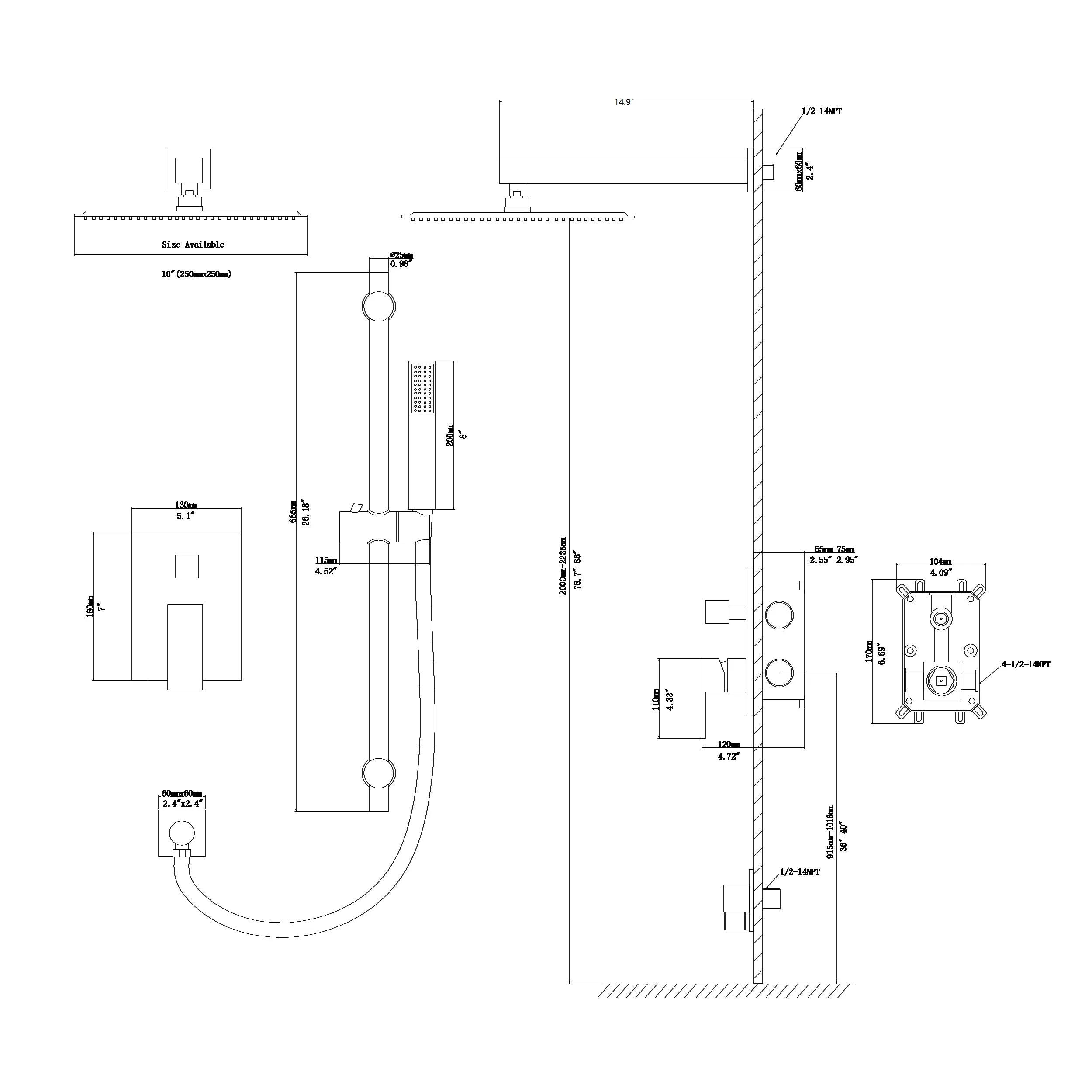 Shower System with Adjustable Slide Bar,10 Inch Wall Mounted Square Shower System with Rough-in Valve, Brushed Nickel