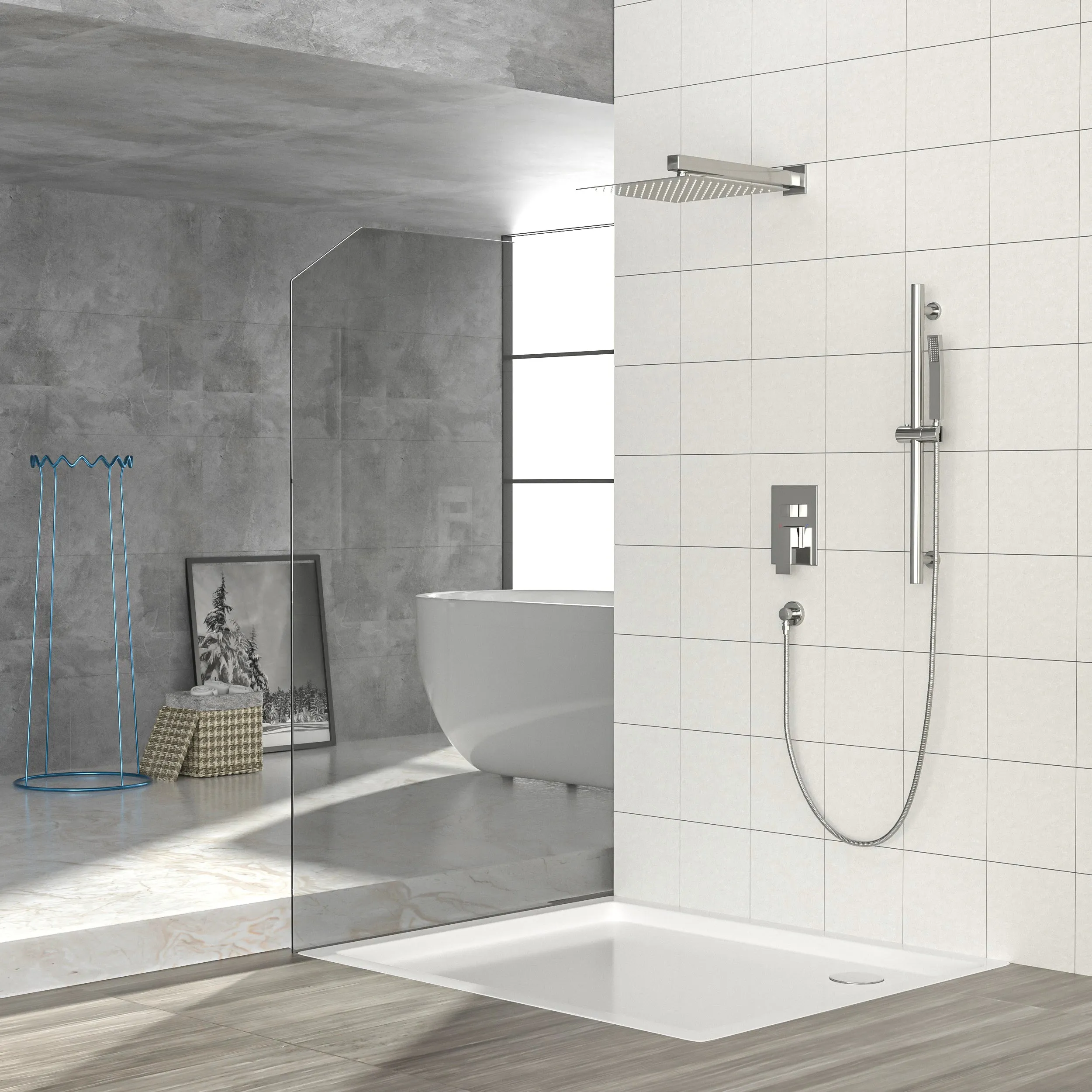 Shower System with Adjustable Slide Bar,10 Inch Wall Mounted Square Shower System with Rough-in Valve, Brushed Nickel