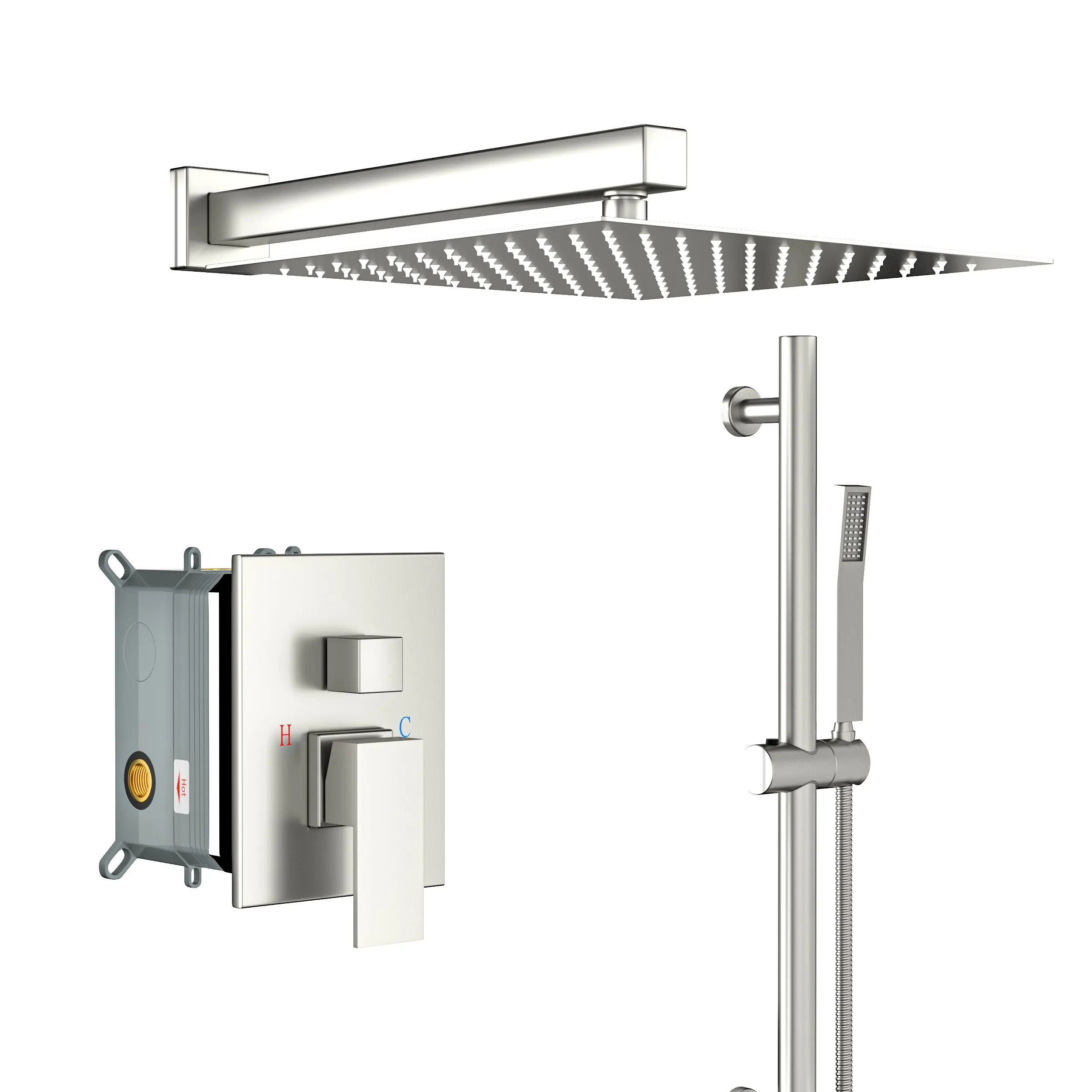 Shower System with Adjustable Slide Bar,10 Inch Wall Mounted Square Shower System with Rough-in Valve, Brushed Nickel