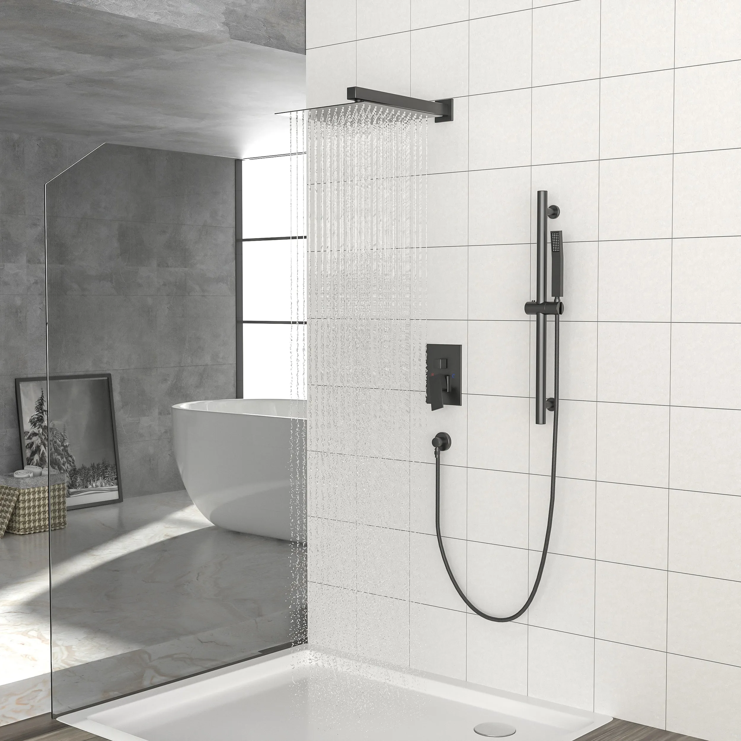 Shower System with Adjustable Slide Bar,10 Inch Wall Mounted Square Shower System with Rough-in Valve,Matte black