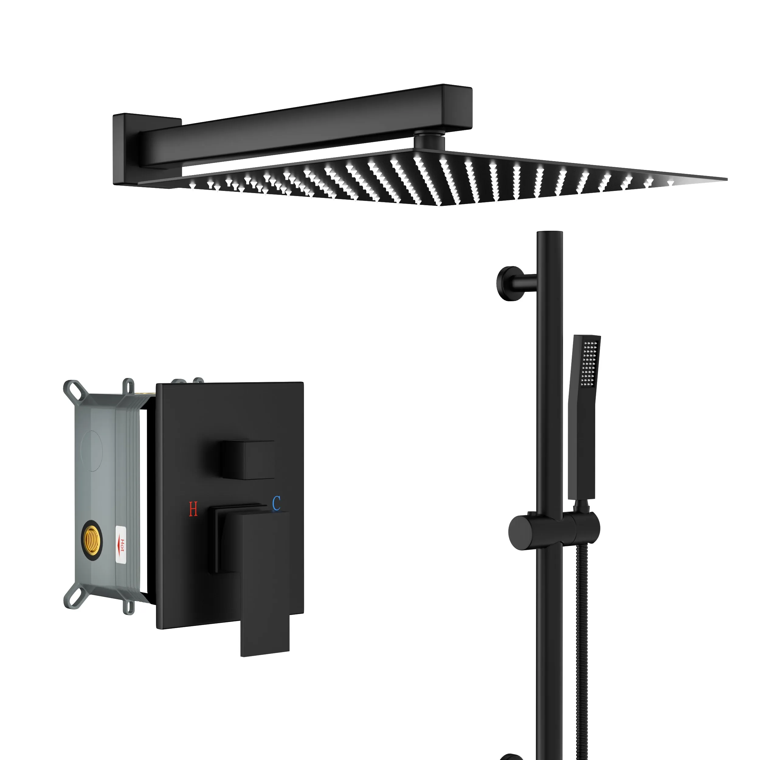 Shower System with Adjustable Slide Bar,10 Inch Wall Mounted Square Shower System with Rough-in Valve,Matte black