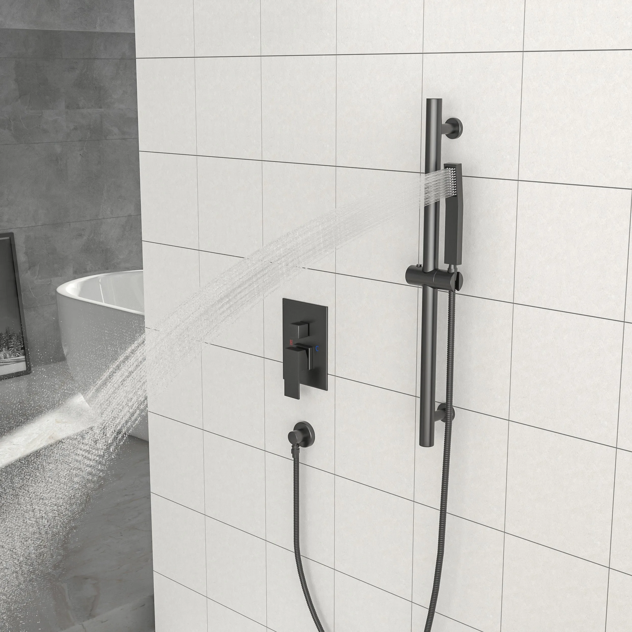 Shower System with Adjustable Slide Bar,10 Inch Wall Mounted Square Shower System with Rough-in Valve,Matte black