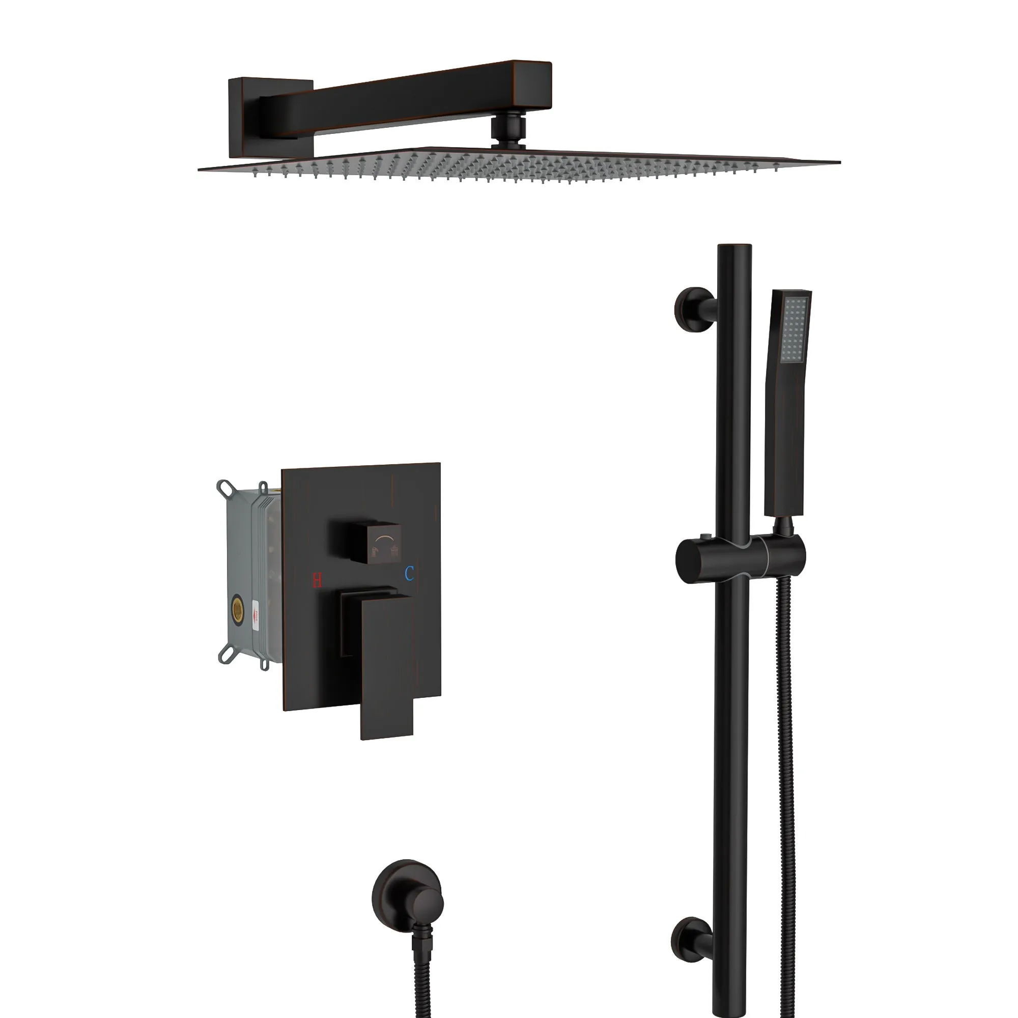 Shower System with Adjustable Slide Bar,12 Inch Wall Mounted Square Shower System with Rough-in Valve, Oil Rubber Bronze