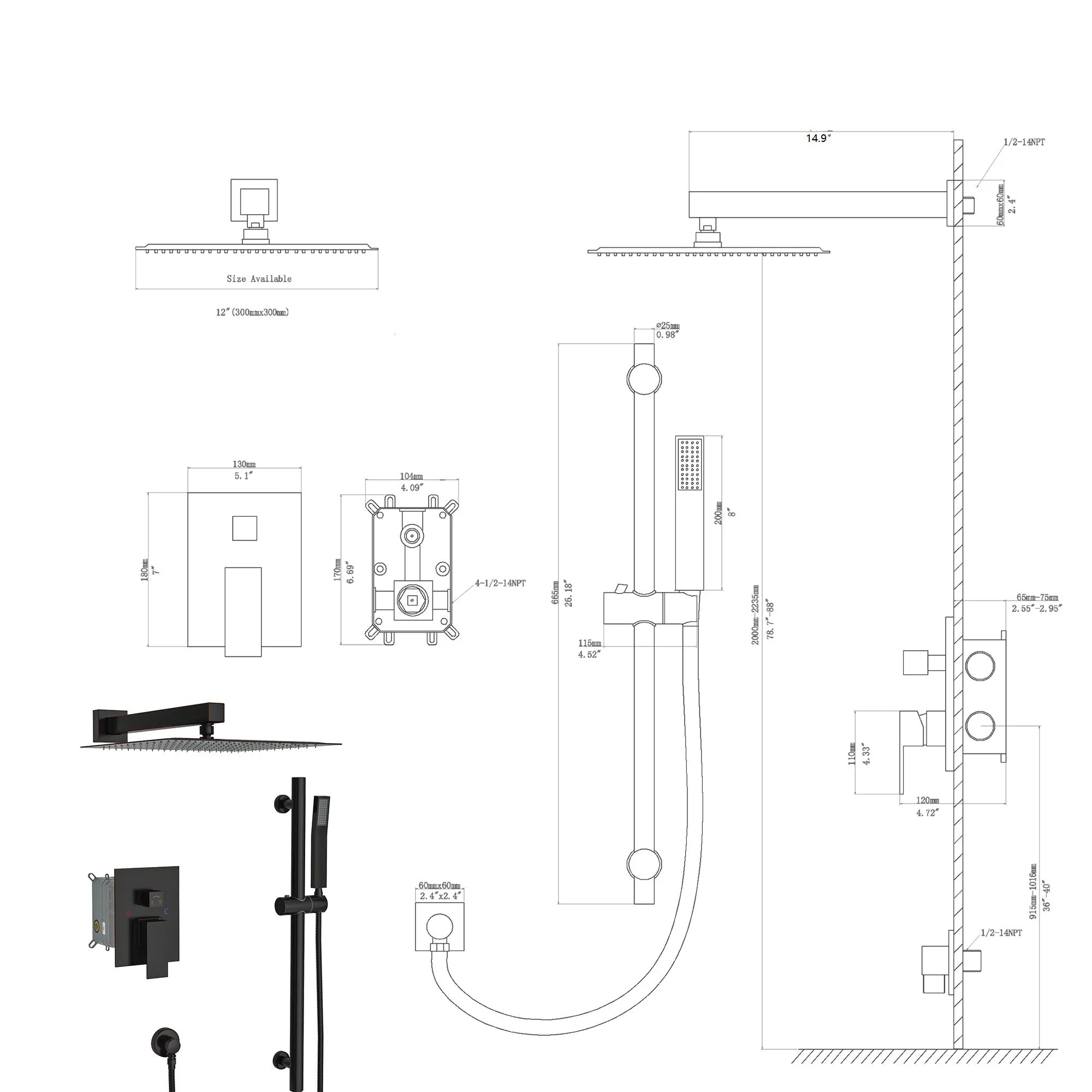 Shower System with Adjustable Slide Bar,12 Inch Wall Mounted Square Shower System with Rough-in Valve, Oil Rubber Bronze