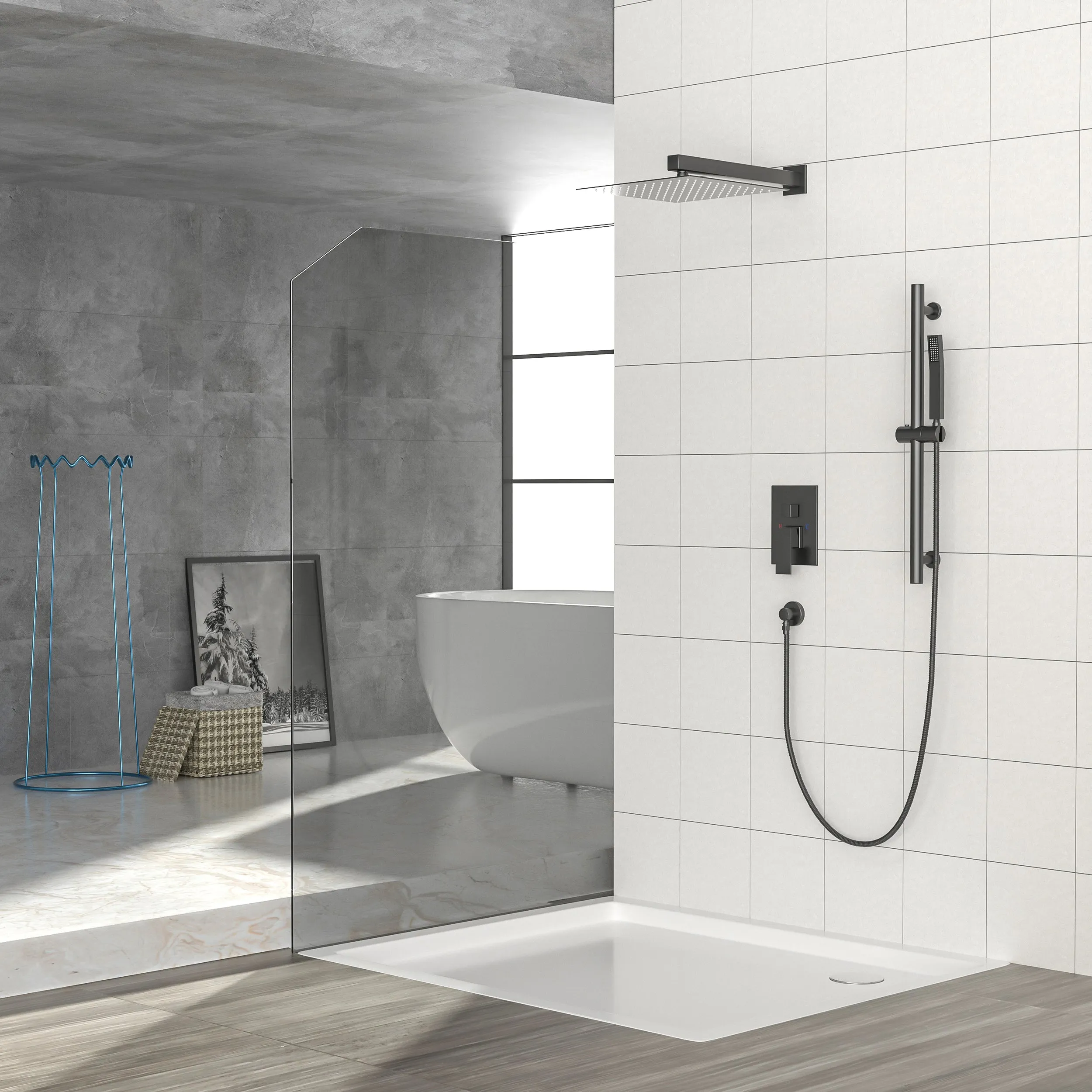 Shower System with Adjustable Slide Bar,12 Inch Wall Mounted Square Shower System with Rough-in Valve,Matte black