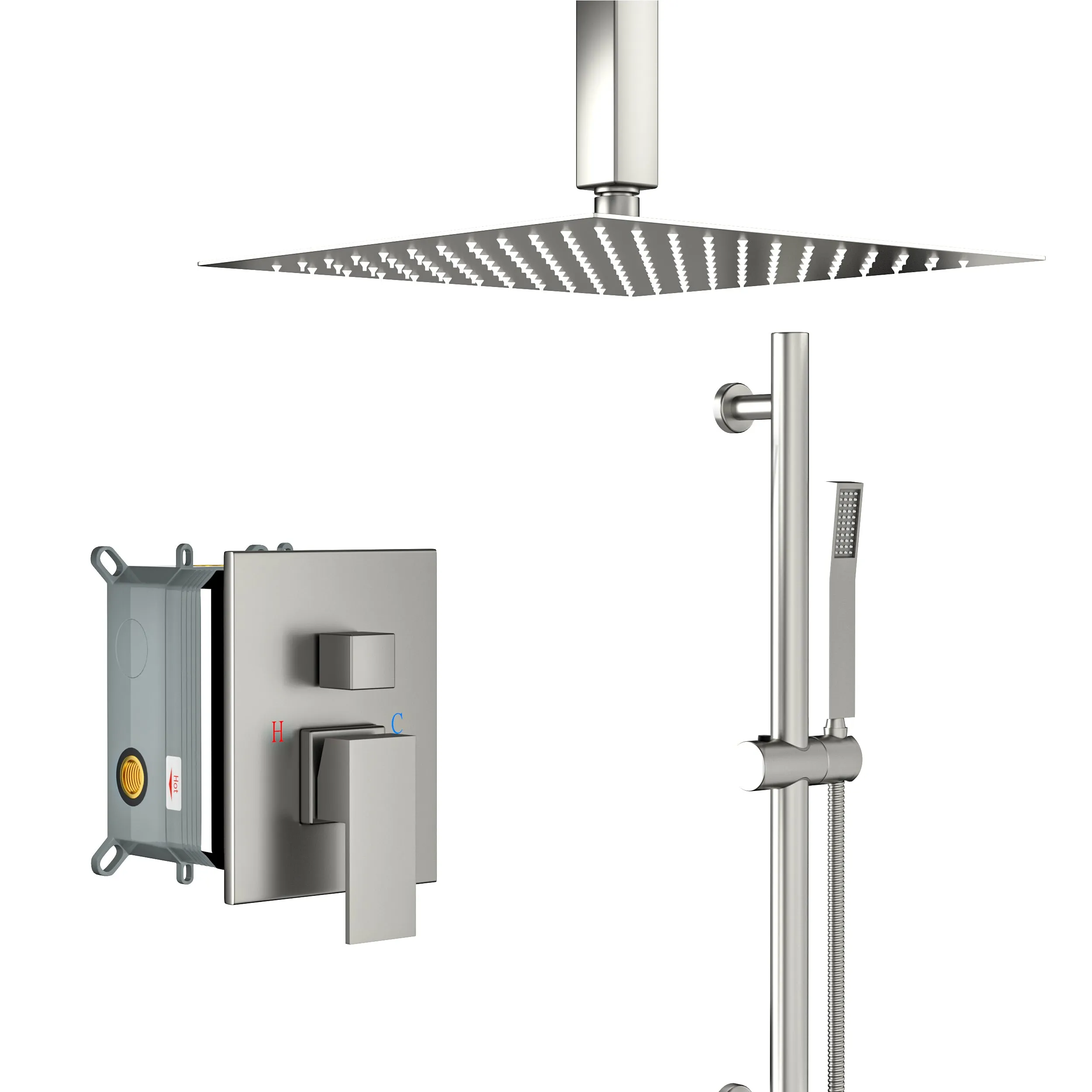 Shower System with Adjustable Slide Bar,16 Inch Ceiling Mounted Square Shower System with Rough-in Valve, Brushed Nickel