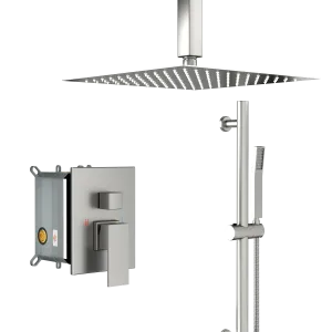 Shower System with Adjustable Slide Bar,16 Inch Ceiling Mounted Square Shower System with Rough-in Valve, Brushed Nickel