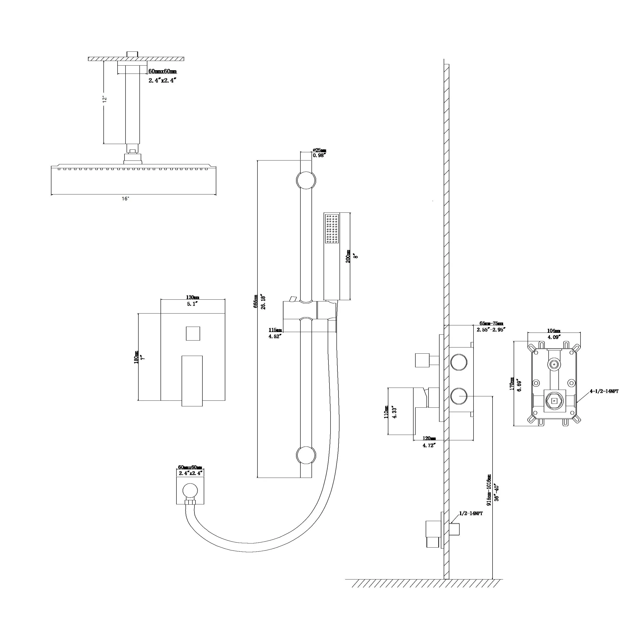 Shower System with Adjustable Slide Bar,16 Inch Ceiling Mounted Square Shower System with Rough-in Valve, Brushed Nickel