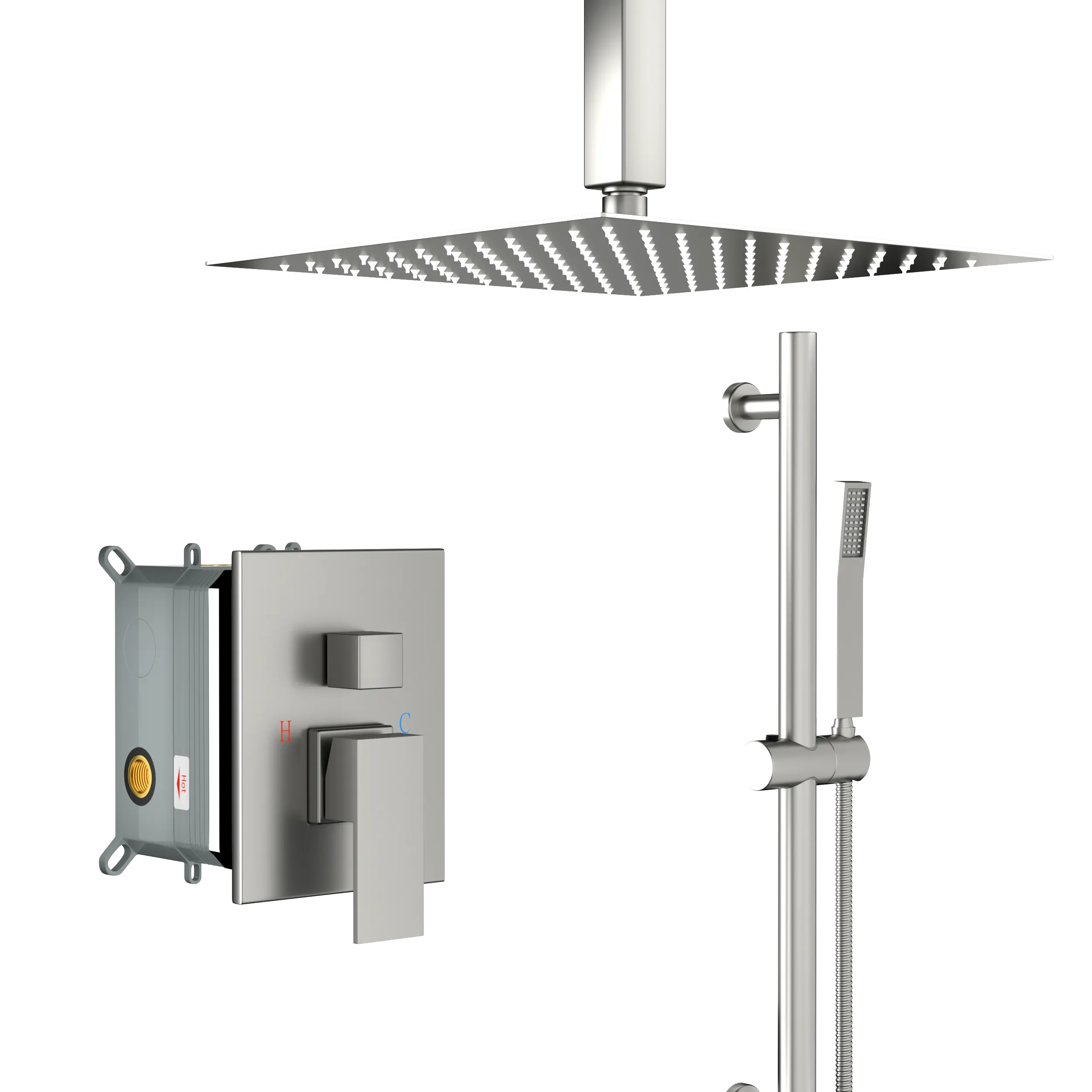 Shower System with Adjustable Slide Bar,16 Inch Ceiling Mounted Square Shower System with Rough-in Valve, Brushed Nickel