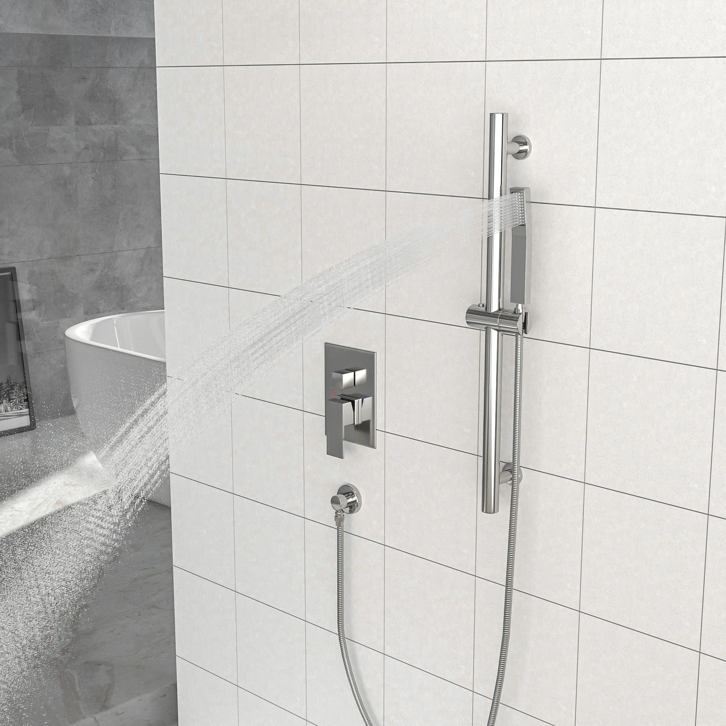 Shower System with Adjustable Slide Bar,16 Inch Ceiling Mounted Square Shower System with Rough-in Valve, Brushed Nickel