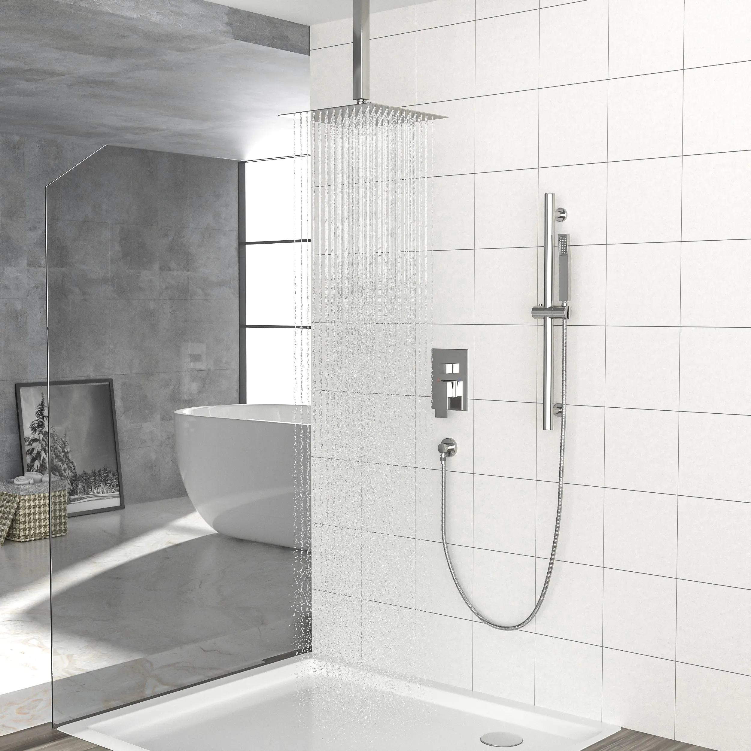 Shower System with Adjustable Slide Bar,16 Inch Ceiling Mounted Square Shower System with Rough-in Valve, Brushed Nickel