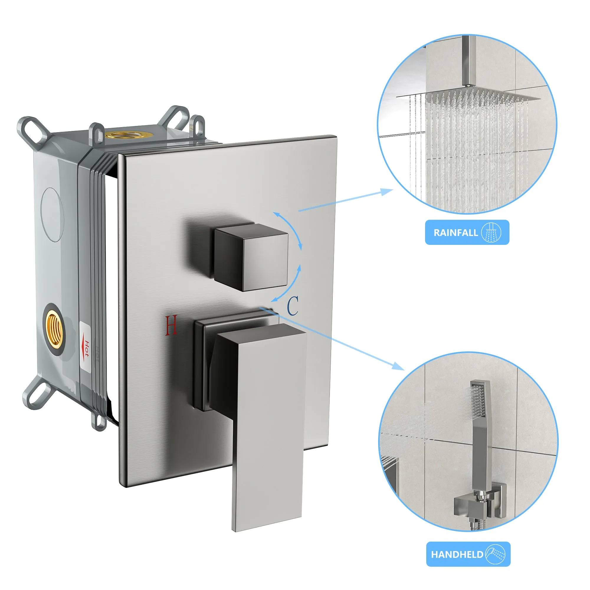 Shower System with Adjustable Slide Bar,16 Inch Ceiling Mounted Square Shower System with Rough-in Valve, Brushed Nickel