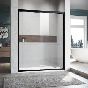 Sliding Shower Glass Door 56-60 in. W x 72 in. H, Adjustable Semi Frameless Shower Door, Certified Thick Clear Clear Tempered Glass, 304 Stainless Steel Handles, Black Finish