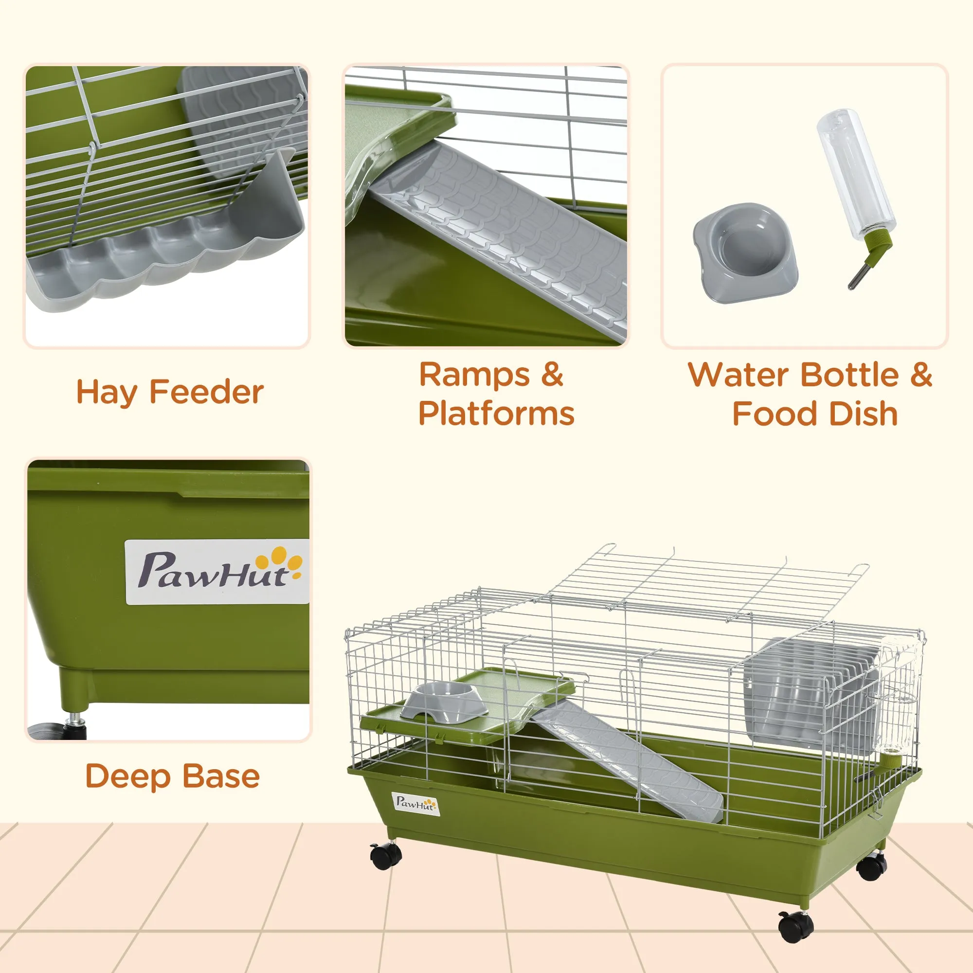 Small Animal Cage Rabbit Guinea Pigs Chinchillas Cage w/ Wheels Water Bottle Food Dish Platform Ramp 89 x 44 x 43 cm Green