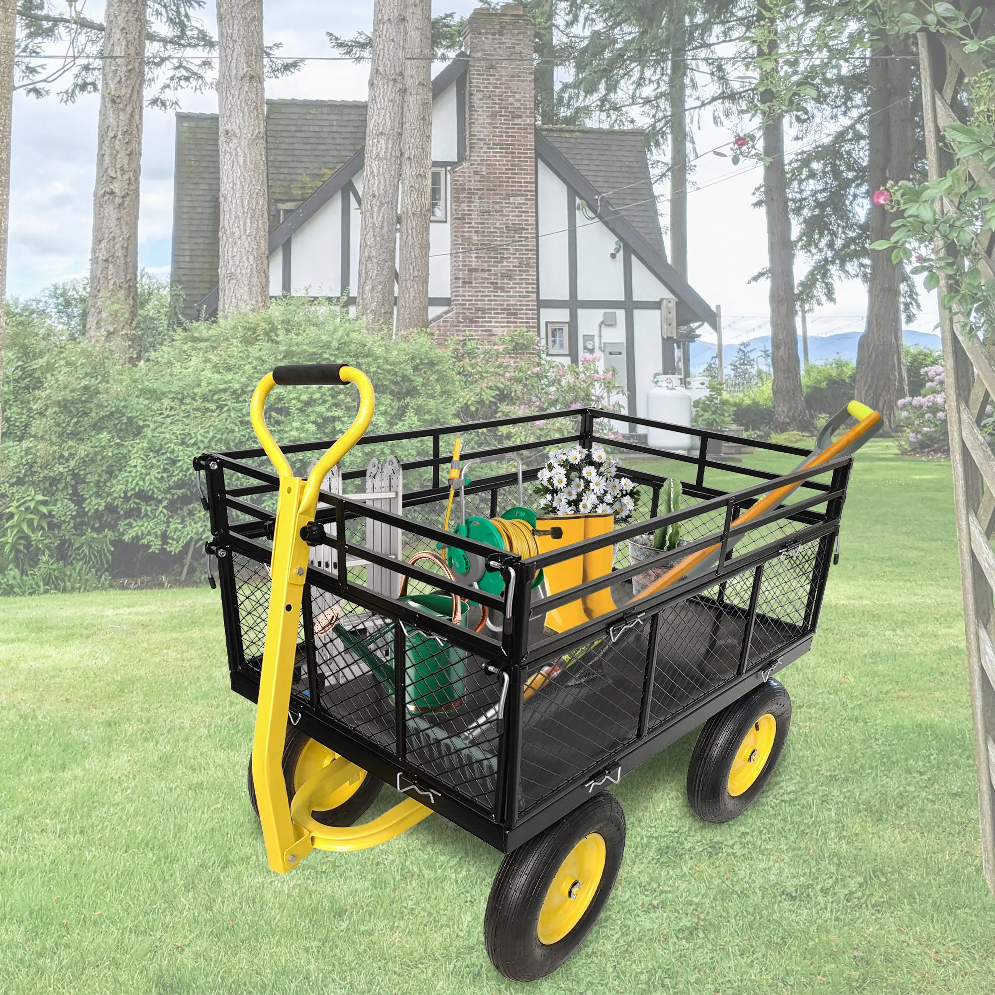 Steel Garden Cart, Heavy Duty 1400 lbs Capacity, with Removable Mesh Sides to Convert into Flatbed, Utility Metal Wagon with 2-in-1 Handle and 16 in Tires, Perfect for Garden, Farm, Yard