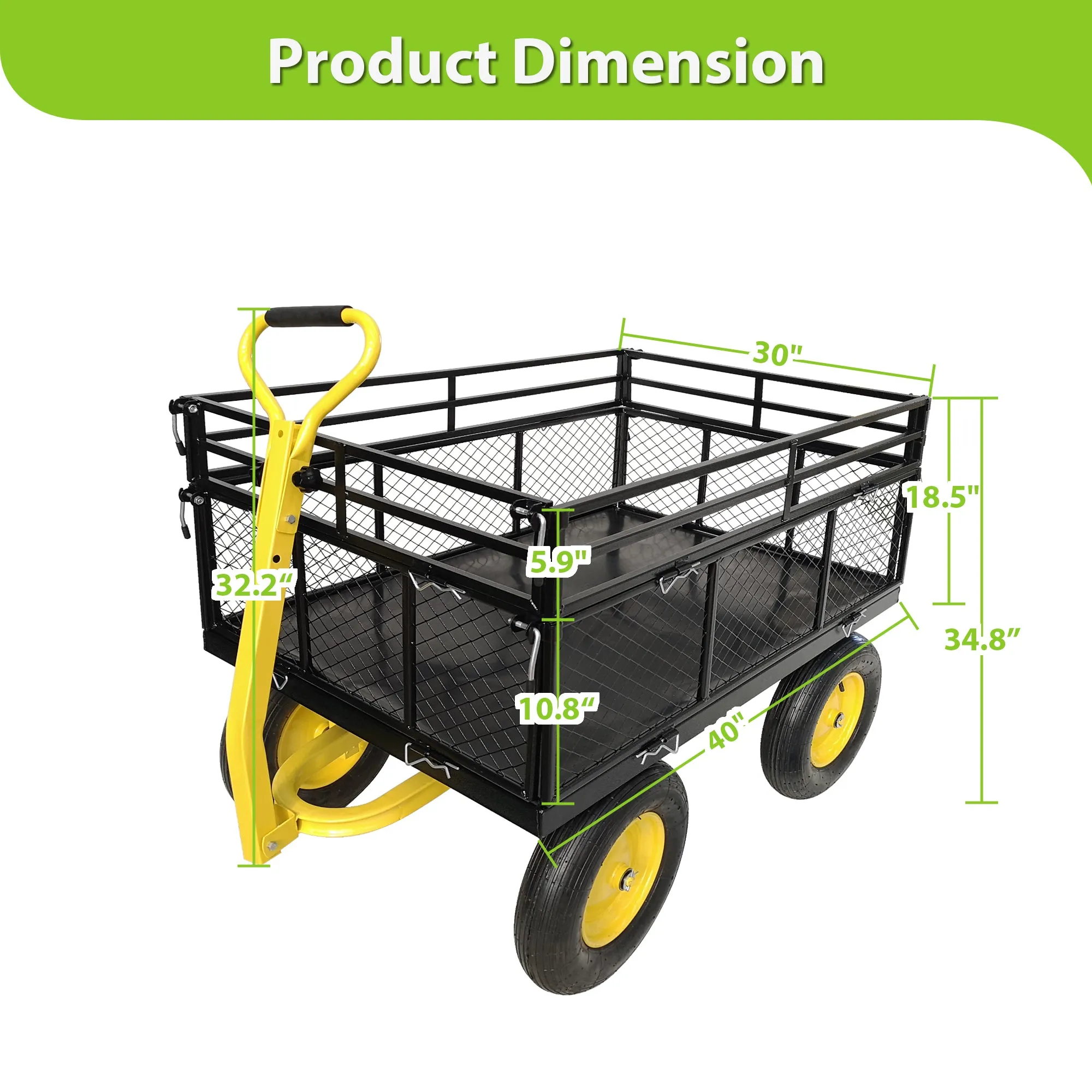 Steel Garden Cart, Heavy Duty 1400 lbs Capacity, with Removable Mesh Sides to Convert into Flatbed, Utility Metal Wagon with 2-in-1 Handle and 16 in Tires, Perfect for Garden, Farm, Yard