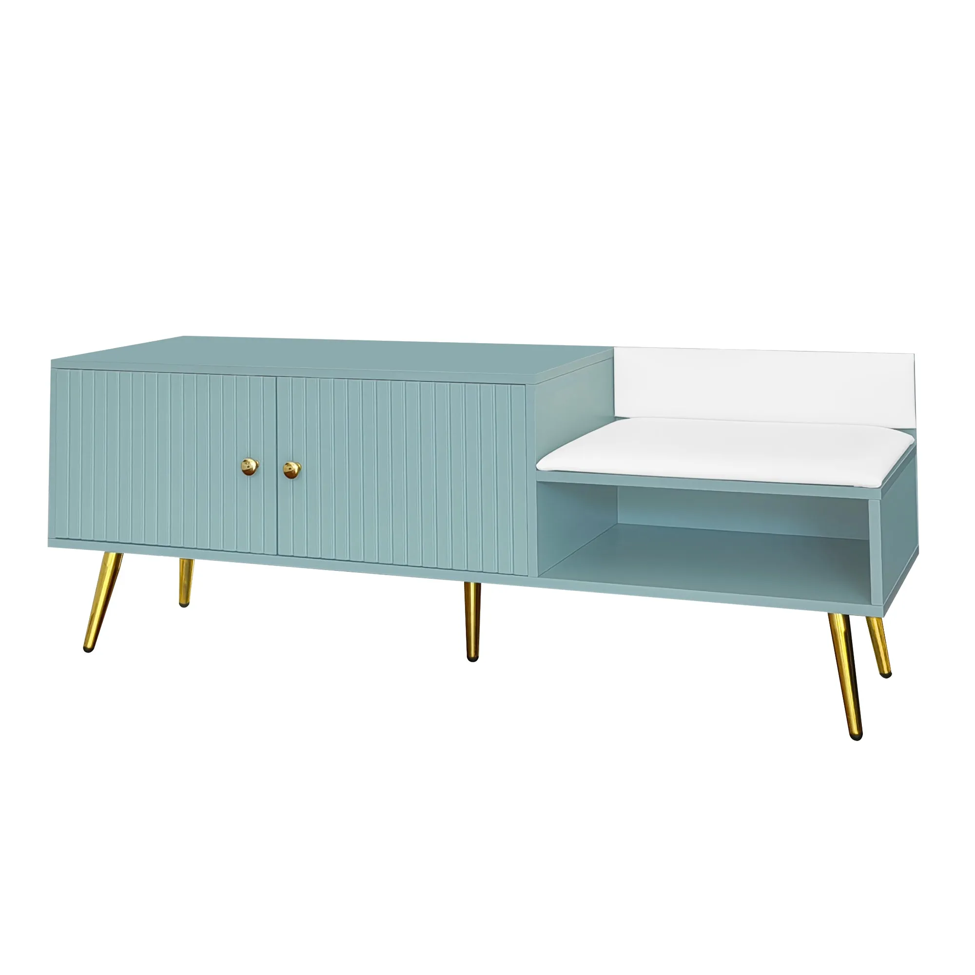 TREXM Modern Shoe Storage Bench with Hidden Storage and Upholstered Cushions for Bedside, Living Room and Entryway (Light Blue)