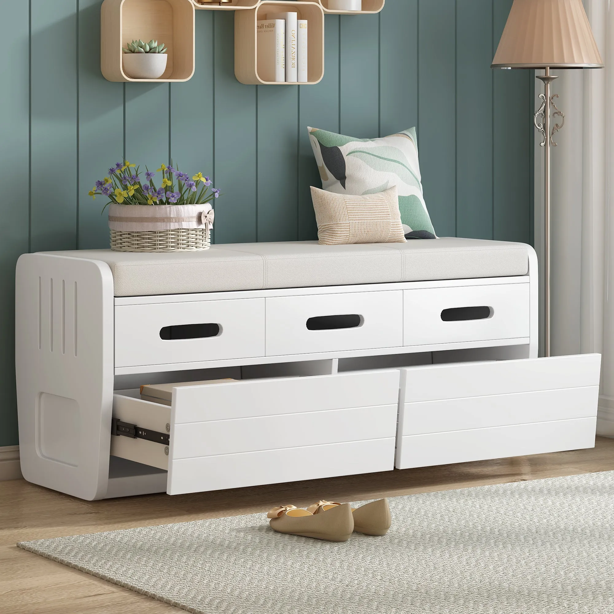 TREXM Rustic Storage Bench with 2 Drawers, Hidden Storage Space, and 3 False Drawers at the Top, Shoe Bench for Living Room, Entryway  (White)