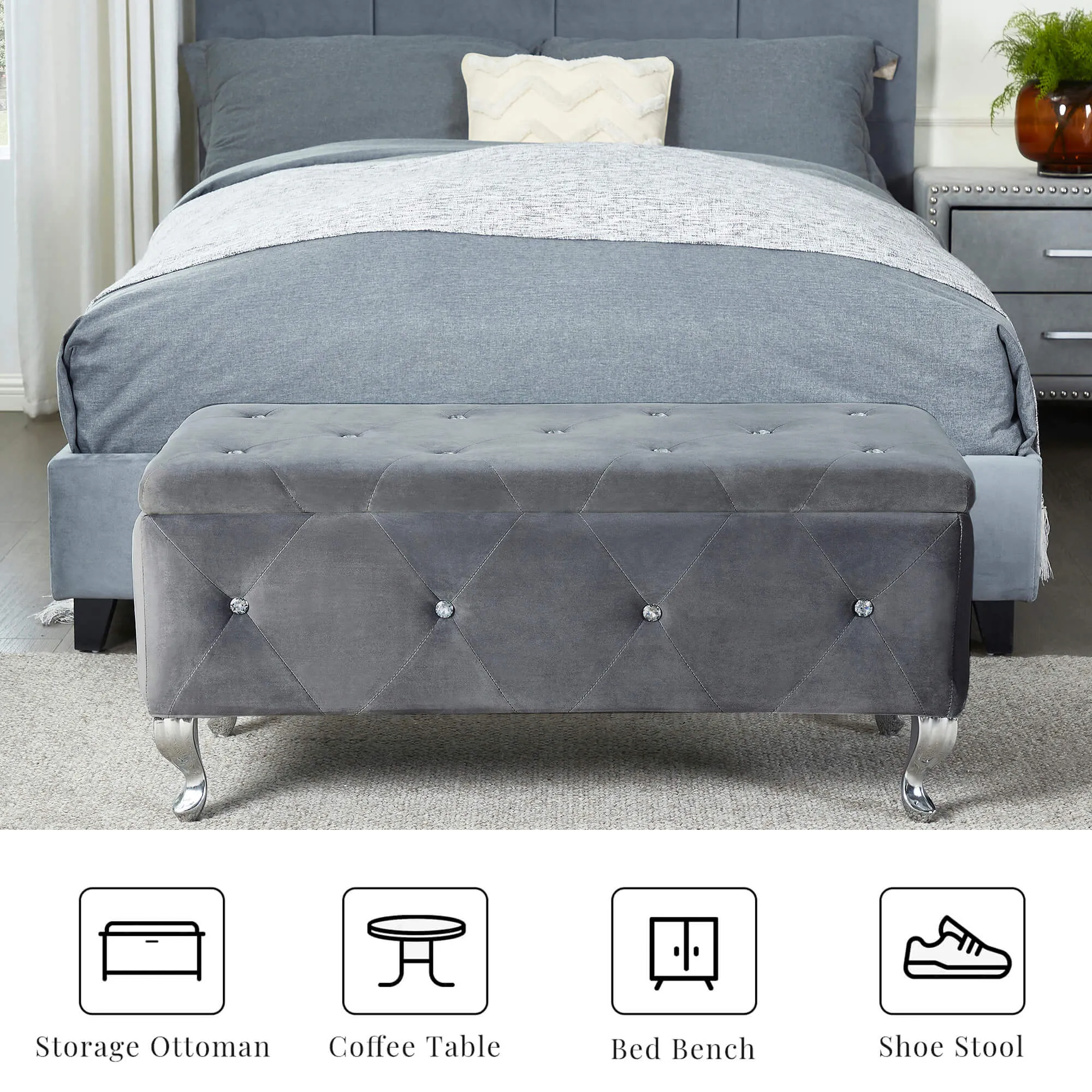 Tufted Storage Ottoman Bench For Bedroom End Of Bed Large Upholstered Storage Benches Footrest With Crystal Buttons For Living Room Entryway (Grey)