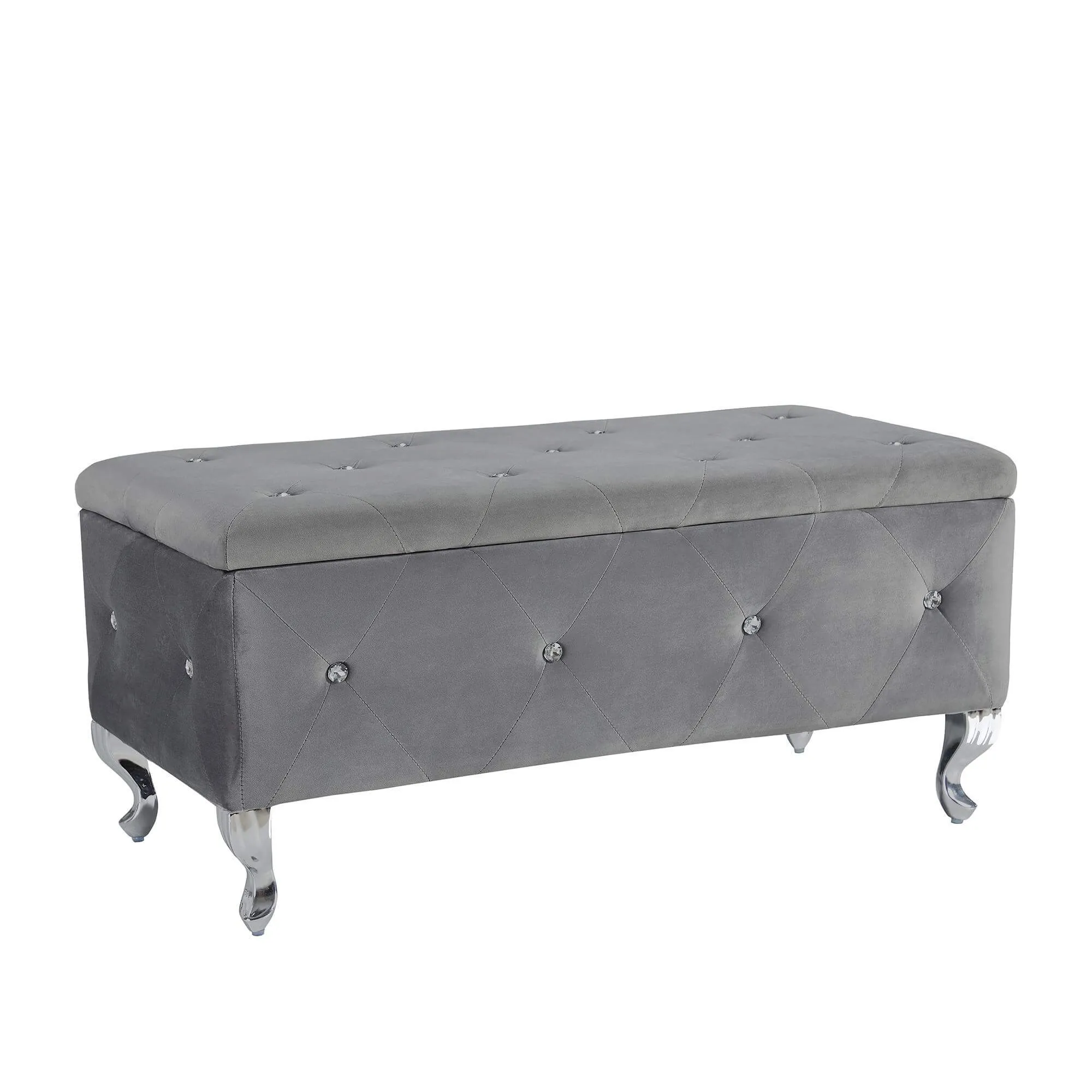 Tufted Storage Ottoman Bench For Bedroom End Of Bed Large Upholstered Storage Benches Footrest With Crystal Buttons For Living Room Entryway (Grey)