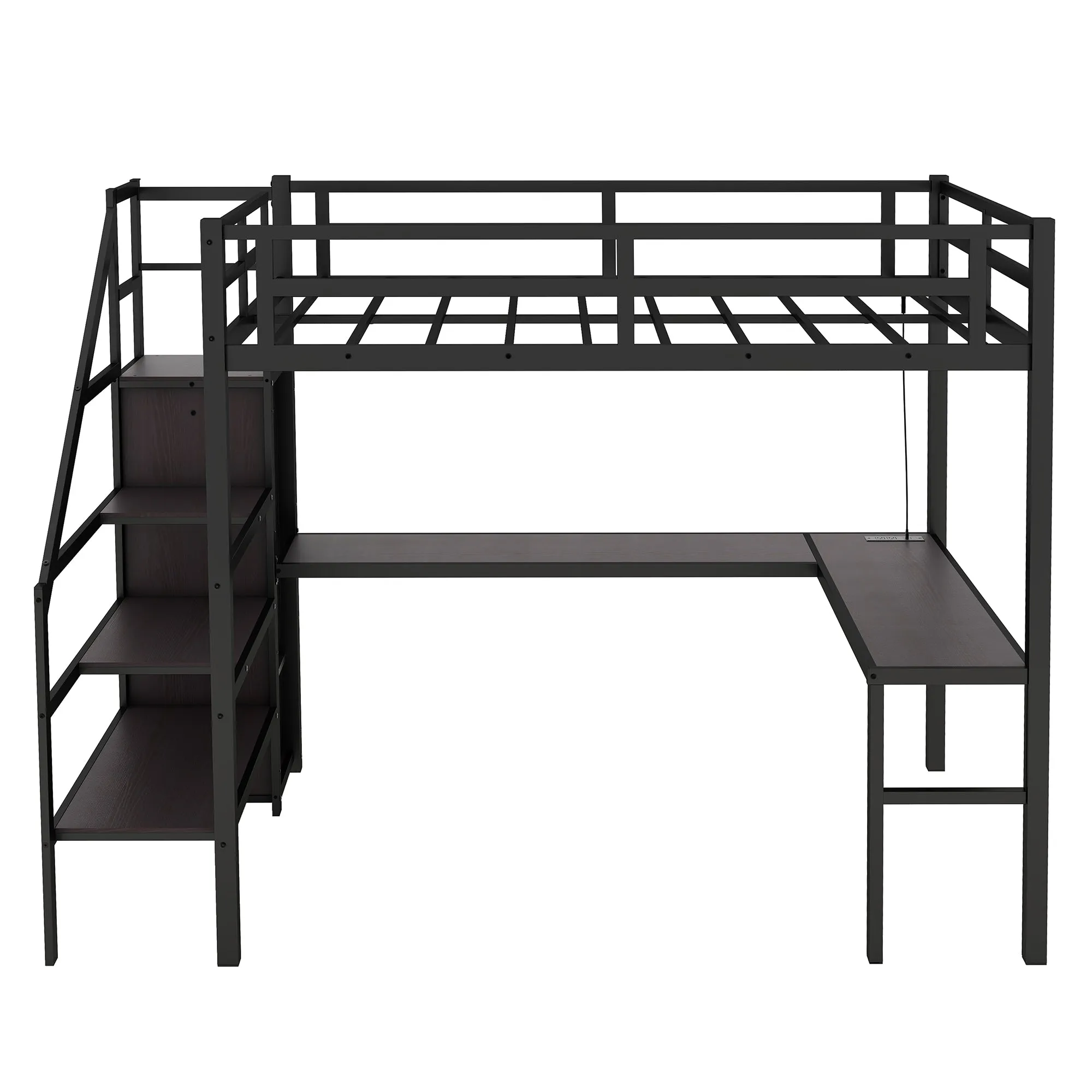 Twin XL Size Loft Bed with L-shaped Desk and USB, Metal Loft Bed with Wardrobe and Adjustable Shelf, High Loft Bed with LED for Kids Teens Adults, Black