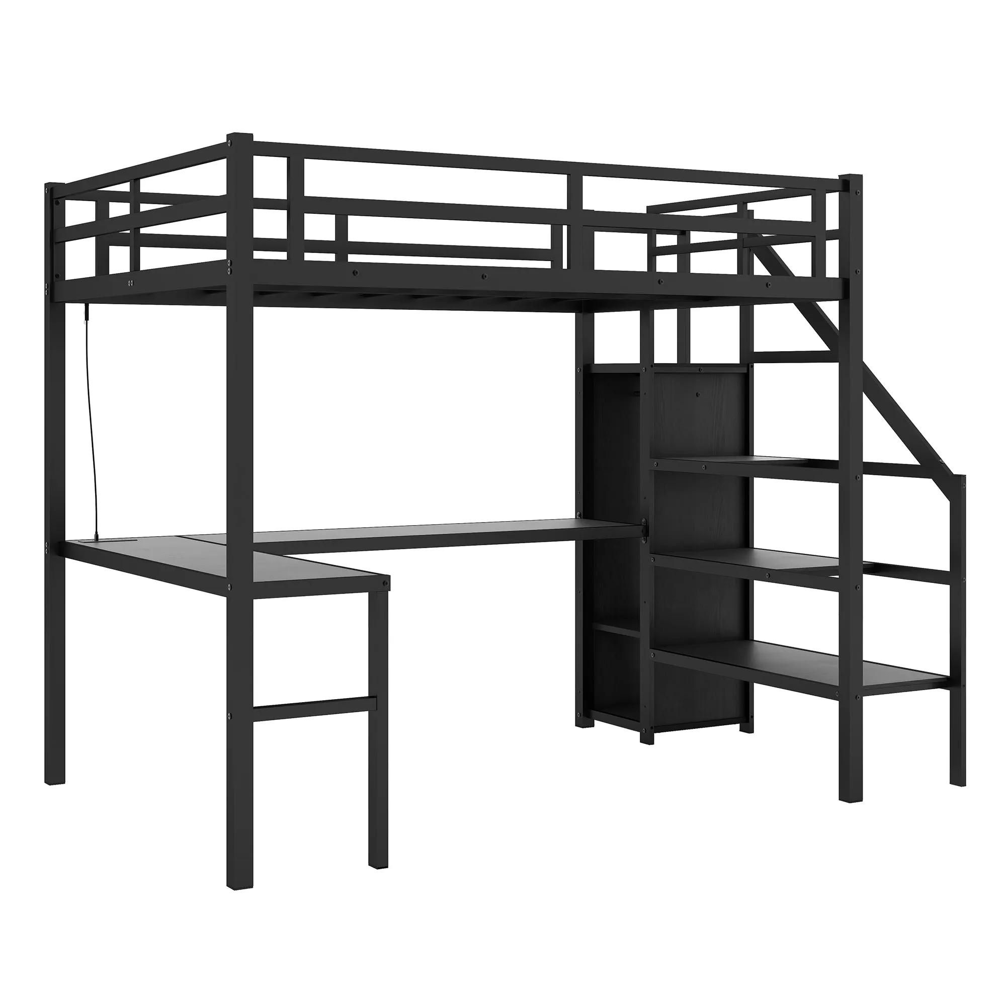 Twin XL Size Loft Bed with L-shaped Desk and USB, Metal Loft Bed with Wardrobe and Adjustable Shelf, High Loft Bed with LED for Kids Teens Adults, Black