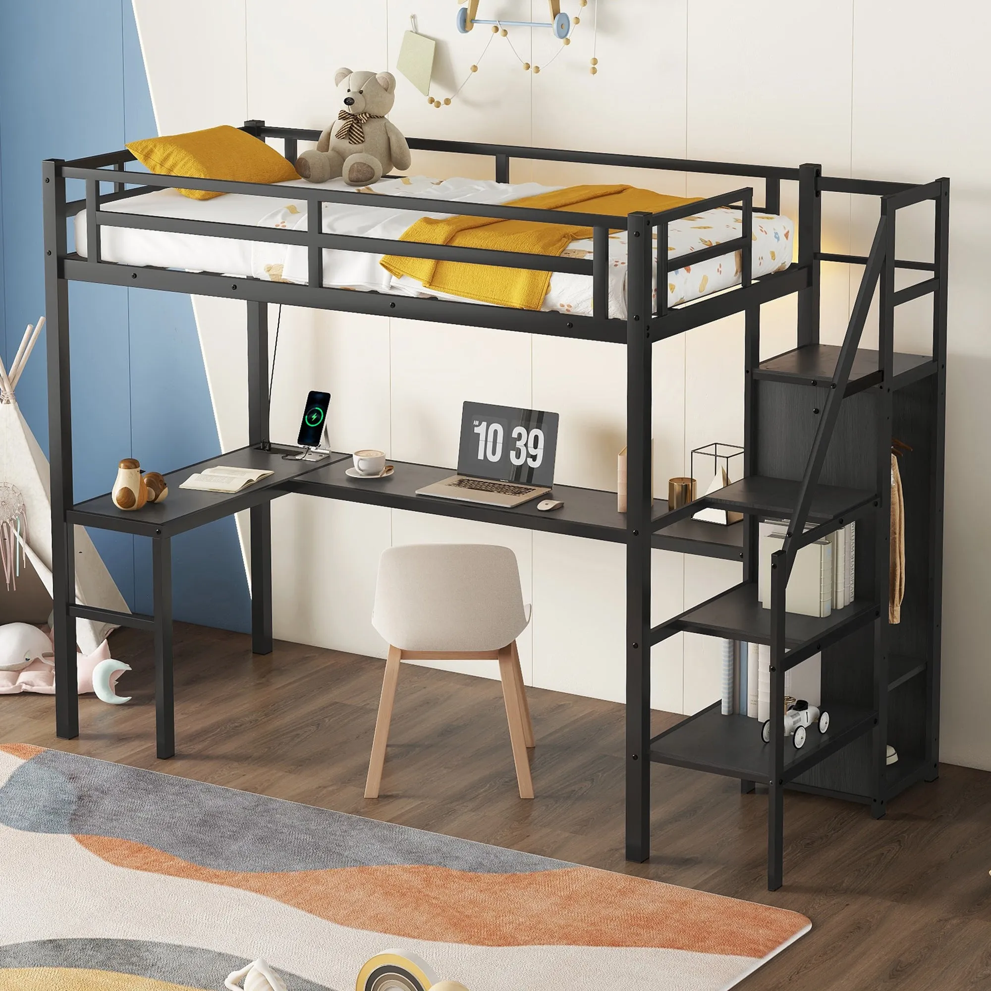 Twin XL Size Loft Bed with L-shaped Desk and USB, Metal Loft Bed with Wardrobe and Adjustable Shelf, High Loft Bed with LED for Kids Teens Adults, Black